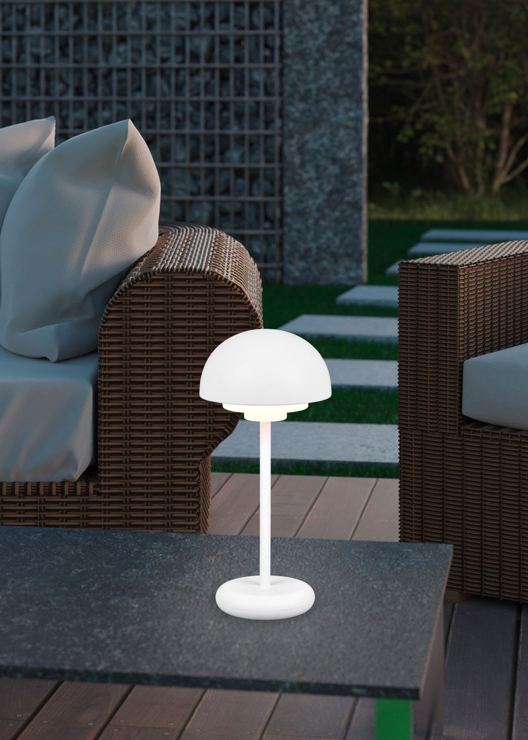 Reality Leuchten LED Tischleuchte ELLIOT, 1-flammig, H 30 cm, Weiß, Outdoorgeeignet, Akkubetrieben, Dimmfunktion, USB-Port, LED fest integriert, Warmweiß, Kunststoff, mit 4-stufigem Touchsensor