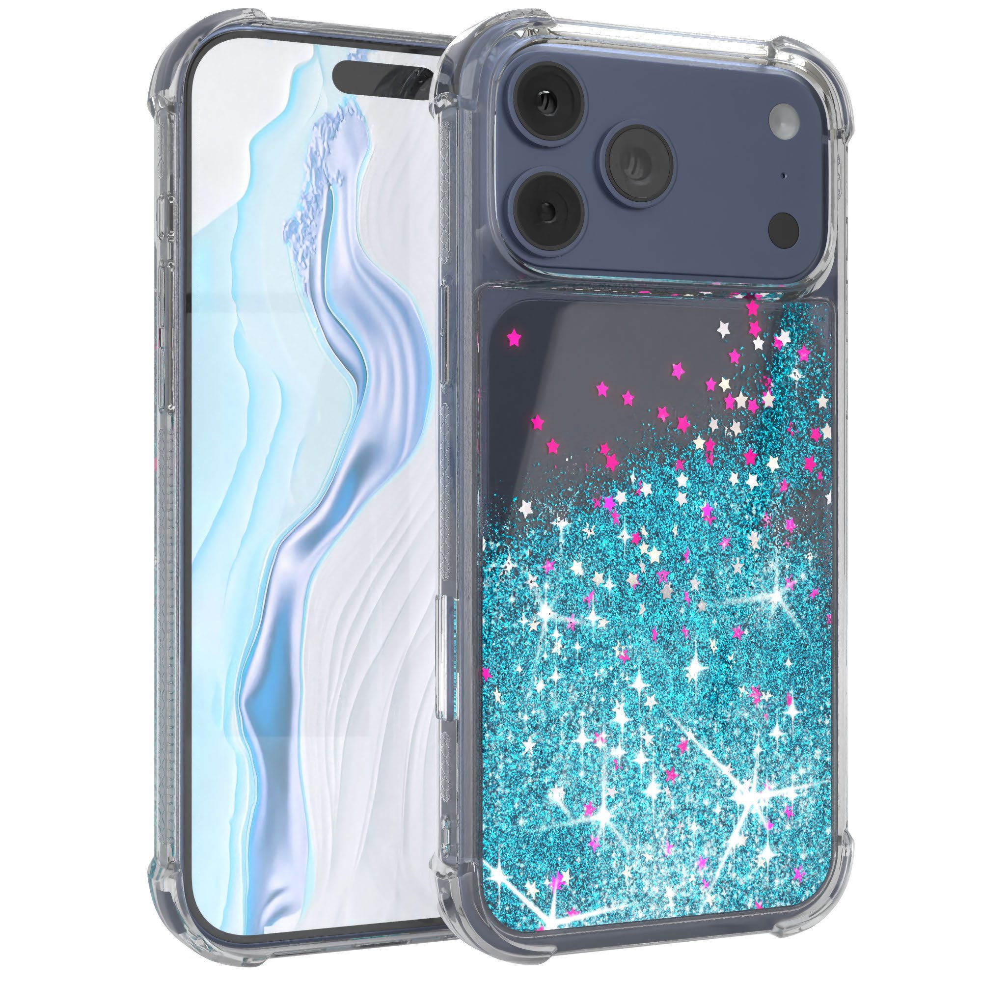EAZY CASE Handyhülle Liquid Glittery Case für Apple iPhone 17 Pro Max 6,9 Zoll, Gloss Slimcover Girly Backcover Bling Phone Case kratzfeste Cover Blau