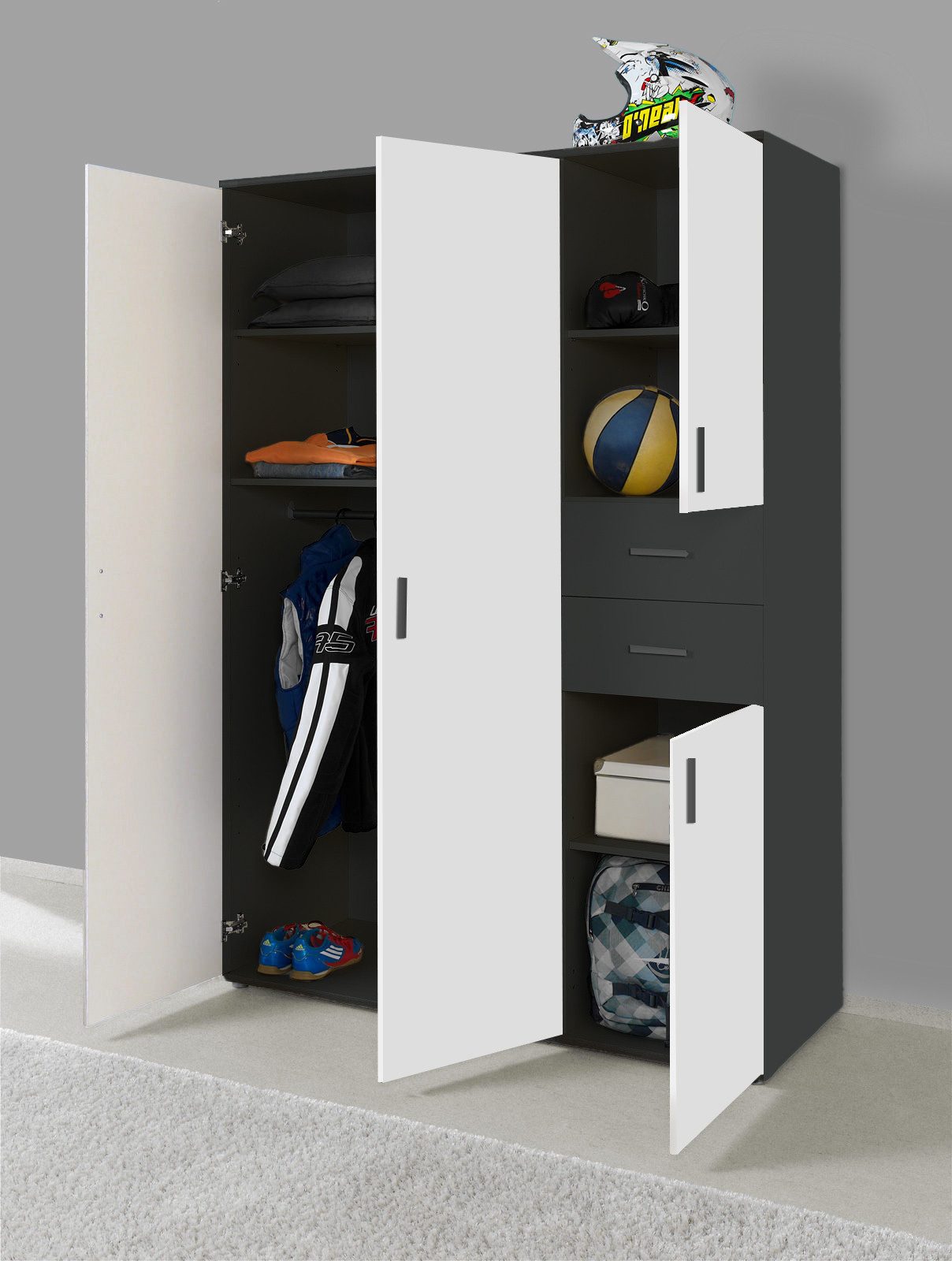 BMG Möbel Kinderkleiderschrank Elli (4-türig) 135x190 cm, mit Schubladen und Kleiderstange, Made in Germany – Bild 2 von 3