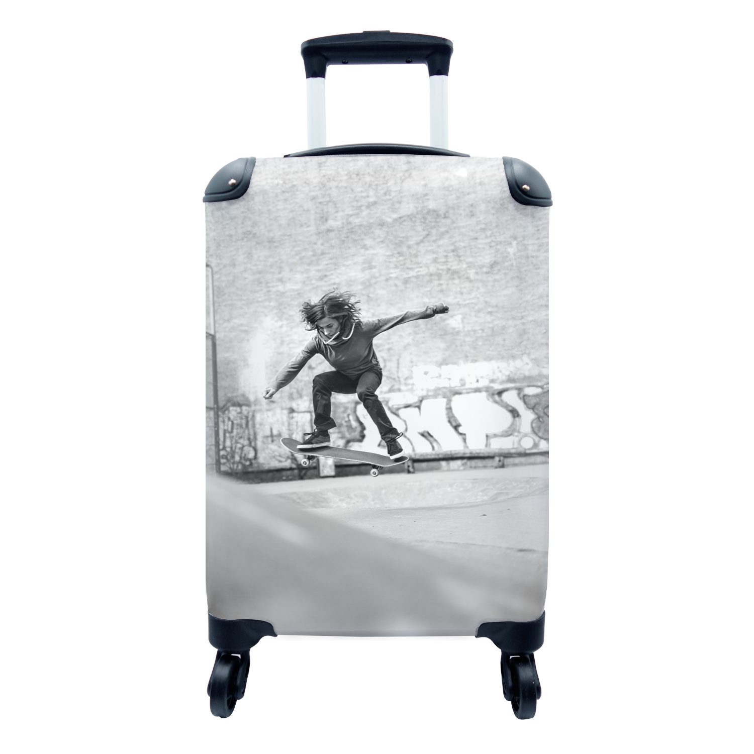 MuchoWow Handgepäckkoffer Ein Mädchen macht einen Stunt mit ihrem Skateboard - schwarz und weiß, 4 Rollen, Reisetasche mit rollen, Handgepäck für Ferien, Trolley, Reisekoffer