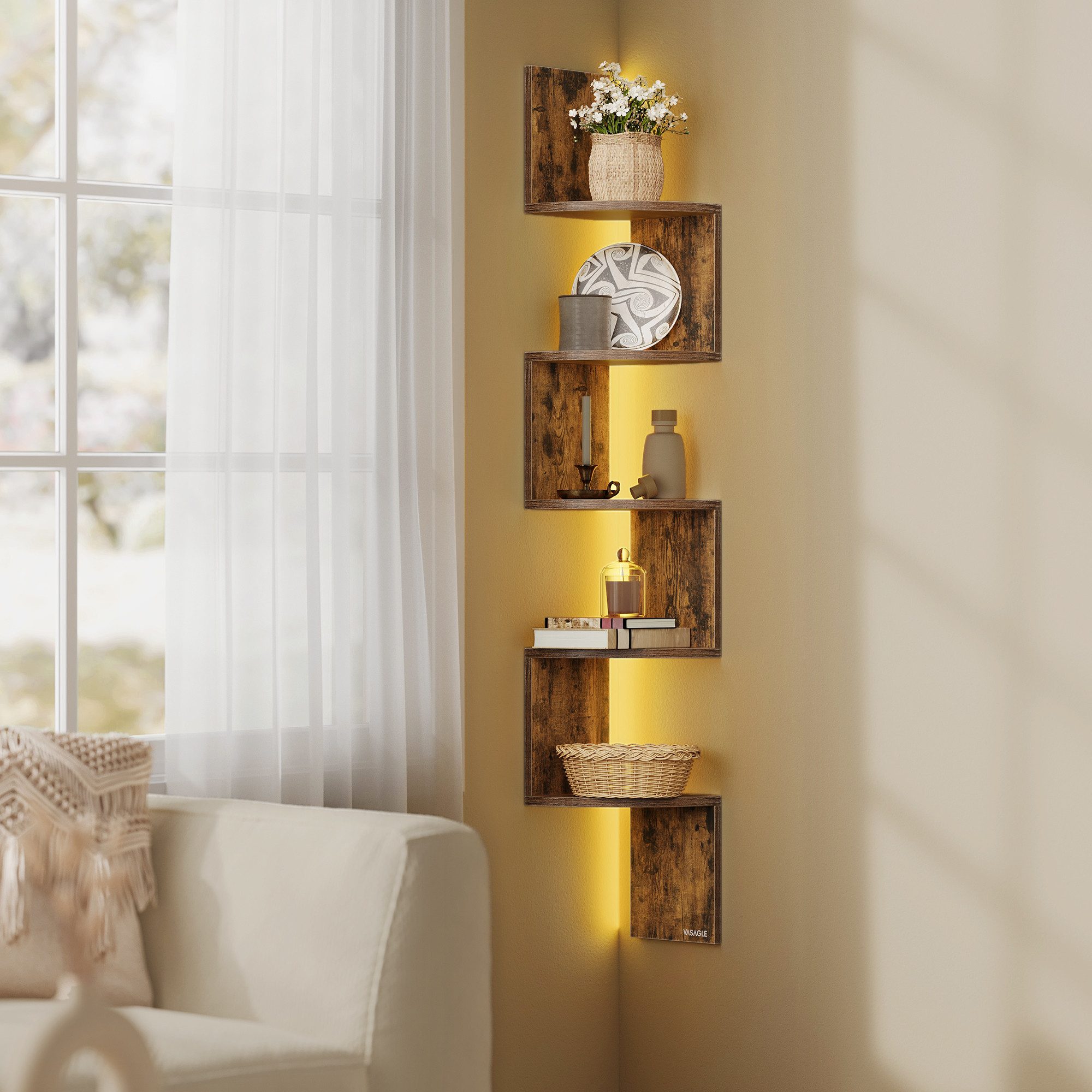 VASAGLE Eckregal Wandregal Schweberegal Bücherregal Pflanzenregal, mit LED- günstig online kaufen