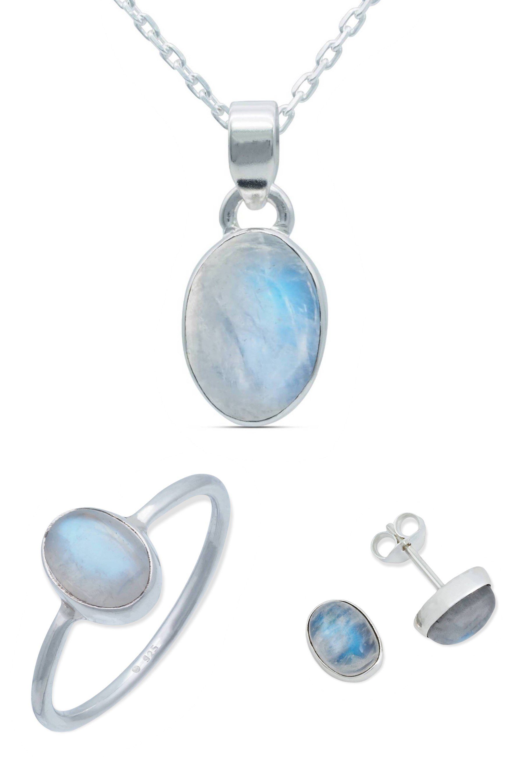 mantraroma Schmuckset 925er Silber mit Regenbogen Mondstein (Schmuckset aus 925 Silber)