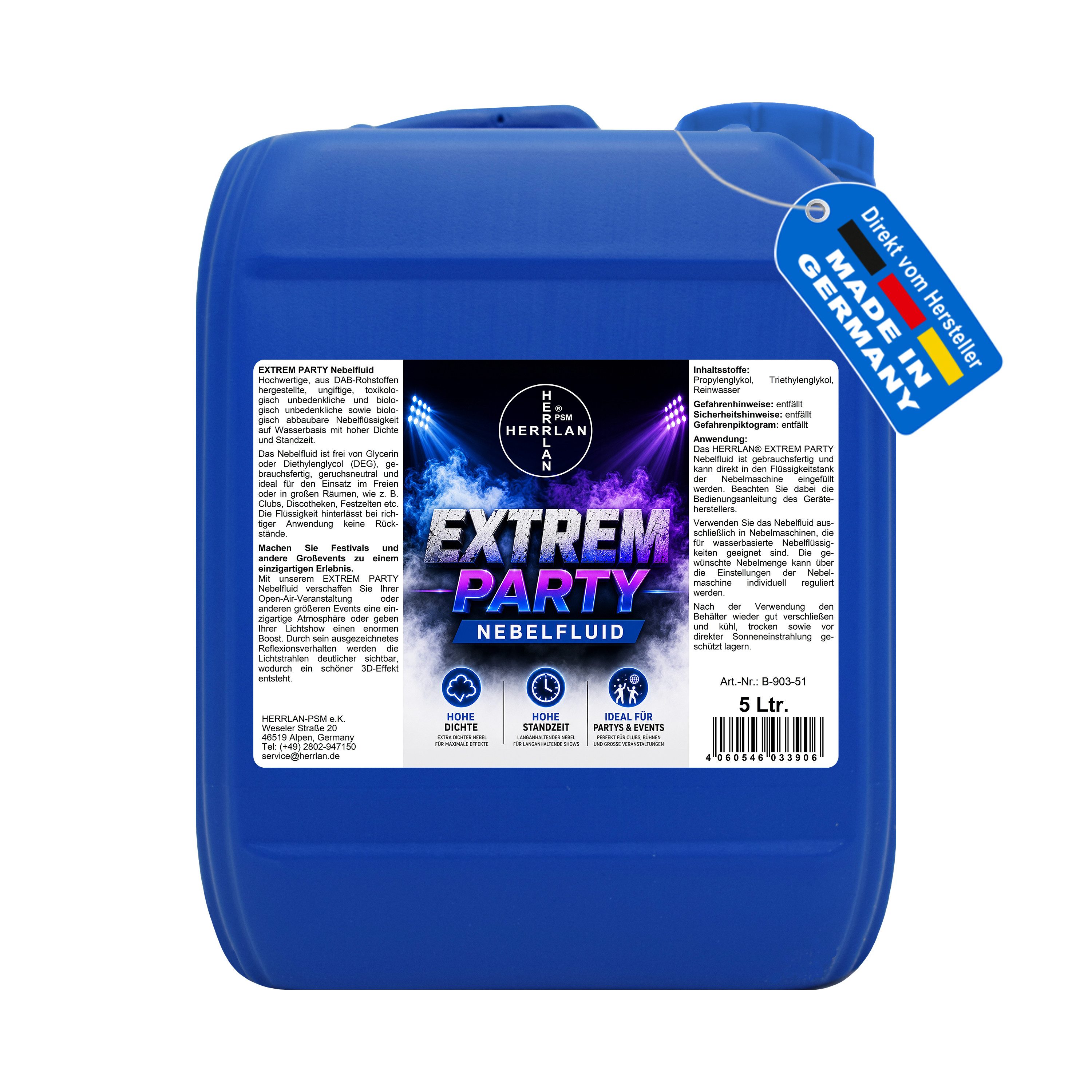 HERRLAN Discolicht EXTREM PARTY Nebelfluid universelle wasserbasierte Nebelflüssigkeit, 5 Liter, mit extrem hoher Dichte und hoher Standzeit.