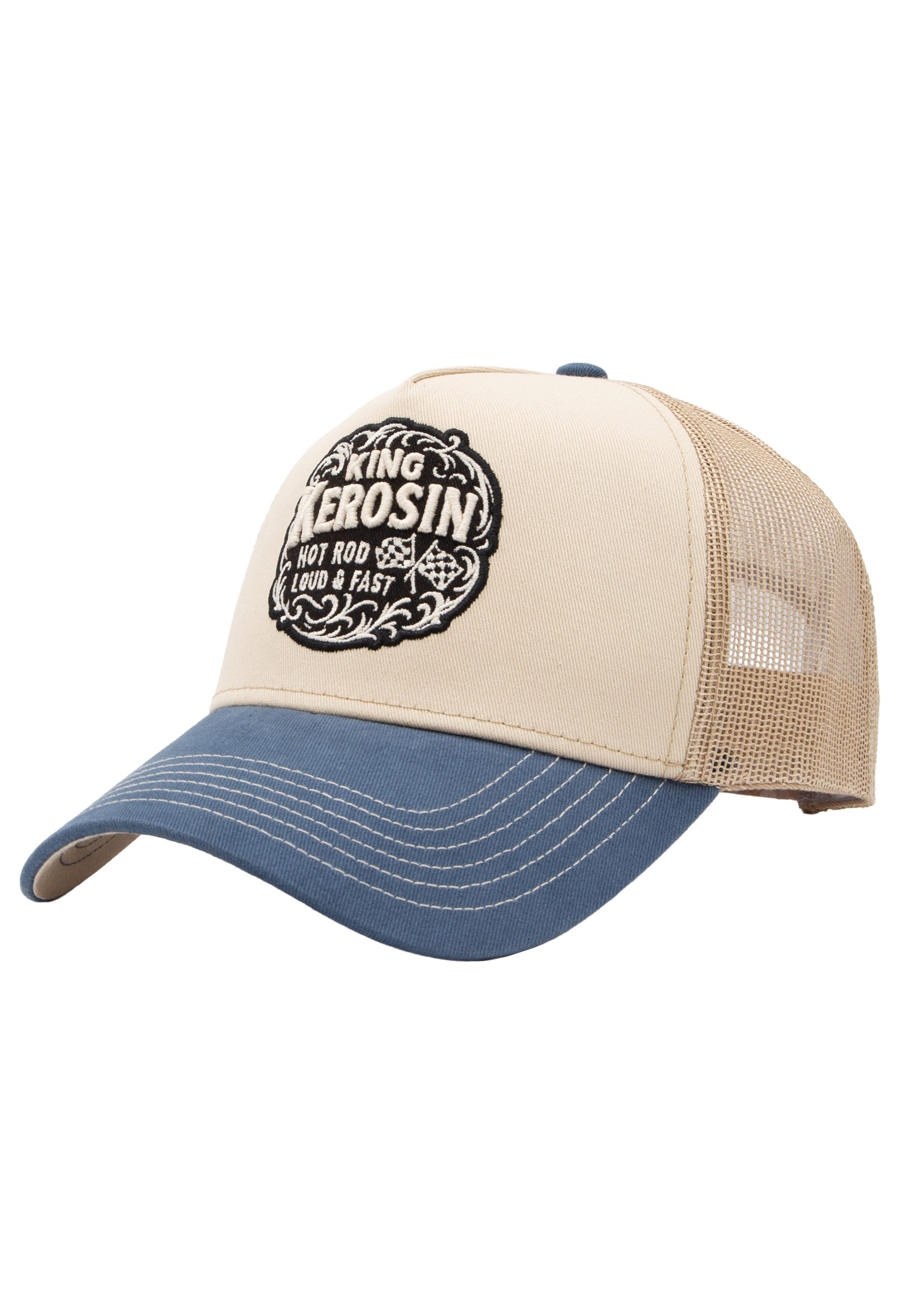 KingKerosin Trucker Cap Hot Rod Gestickter Patch mit Ornamentrahmen und farblich abgesetzter Schirm
