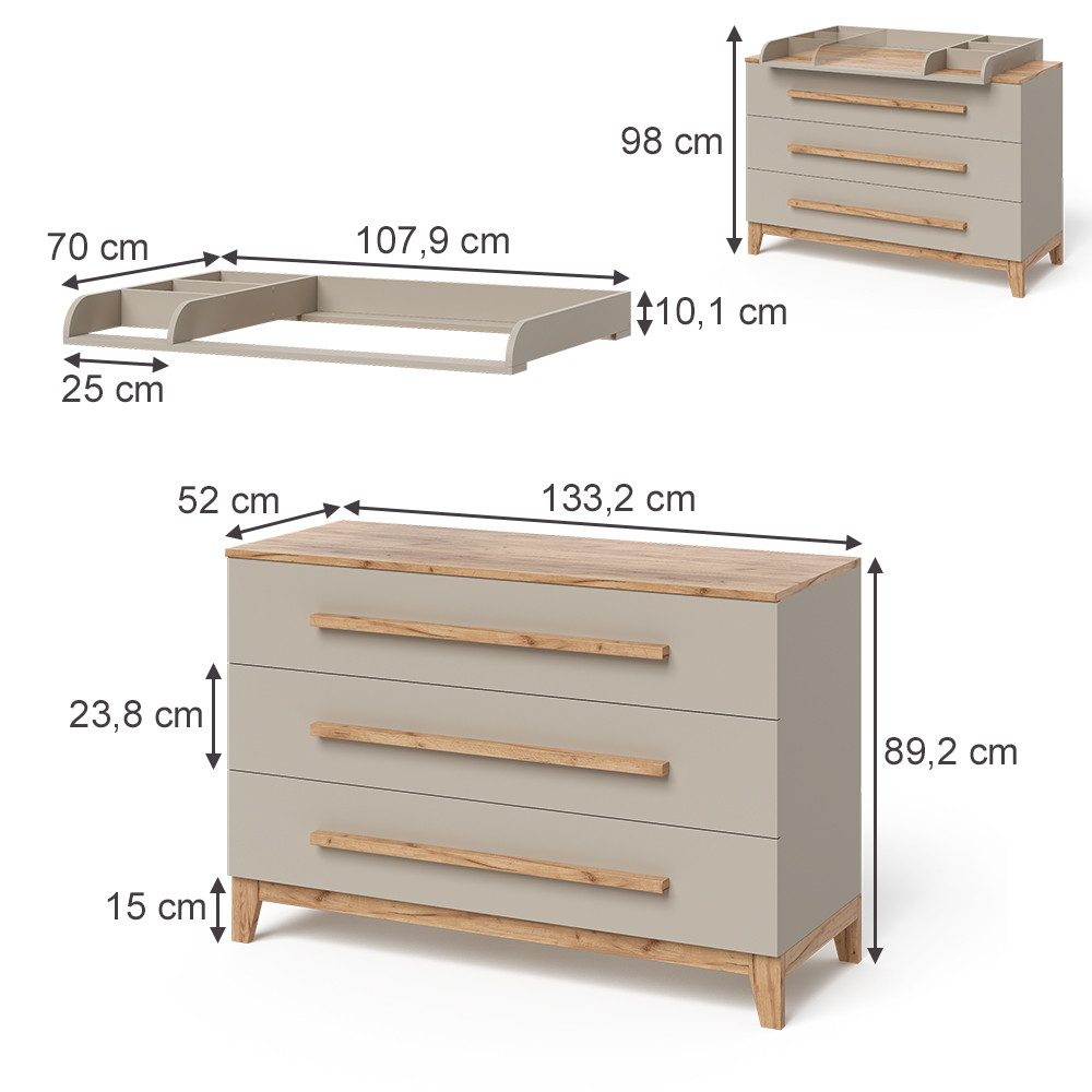 VitaliSpa® Wickelkommode Malia, Cashmere/Eiche/Artisan, 133.2 x 98 cm mit 3 Schubladen
