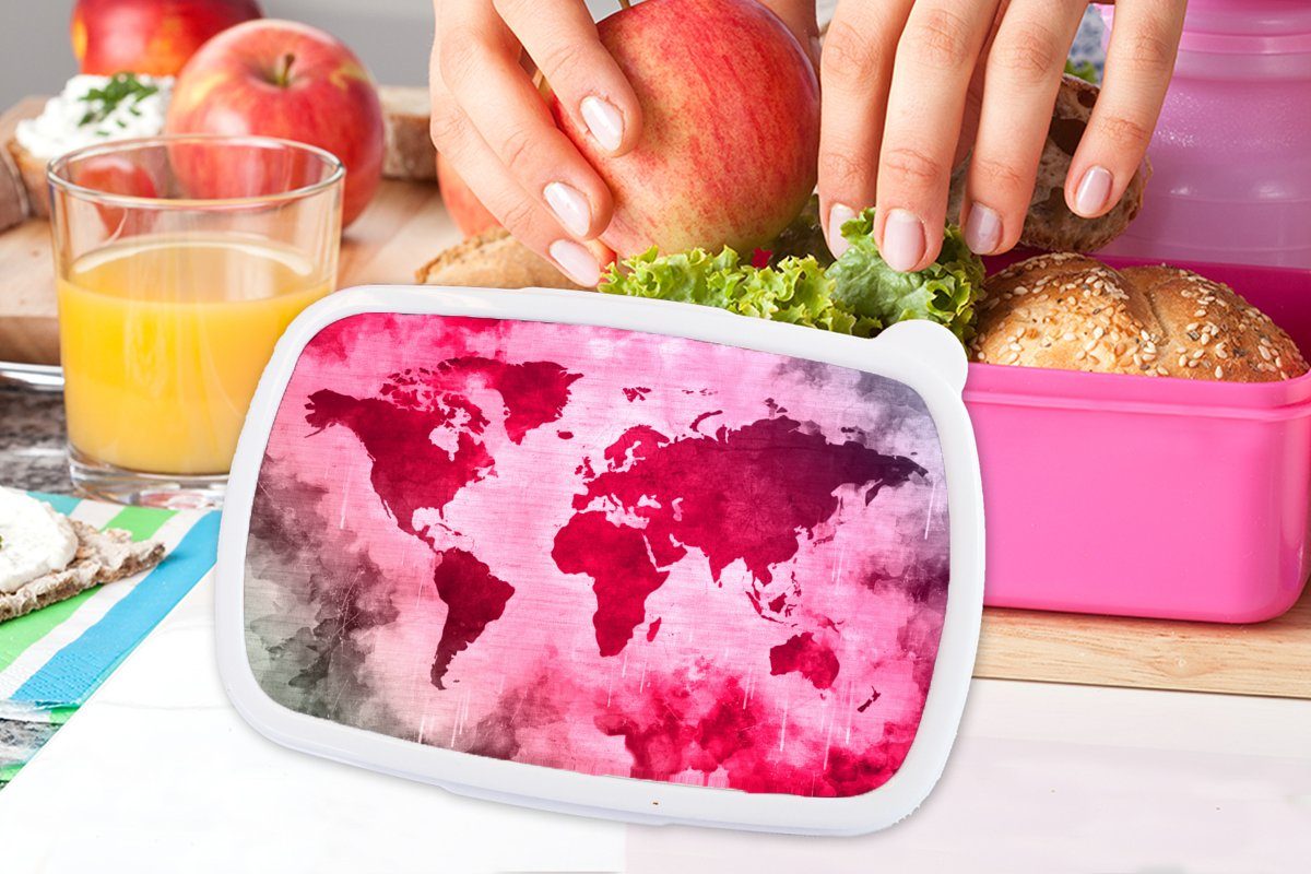 Lunchbox Erwachsene, Rot Kunststoff, Brotbox Mädchen, MuchoWow Kinder, rosa Snackbox, Brotdose Schwarz, Weltkarte für (2-tlg), - Kunststoff -