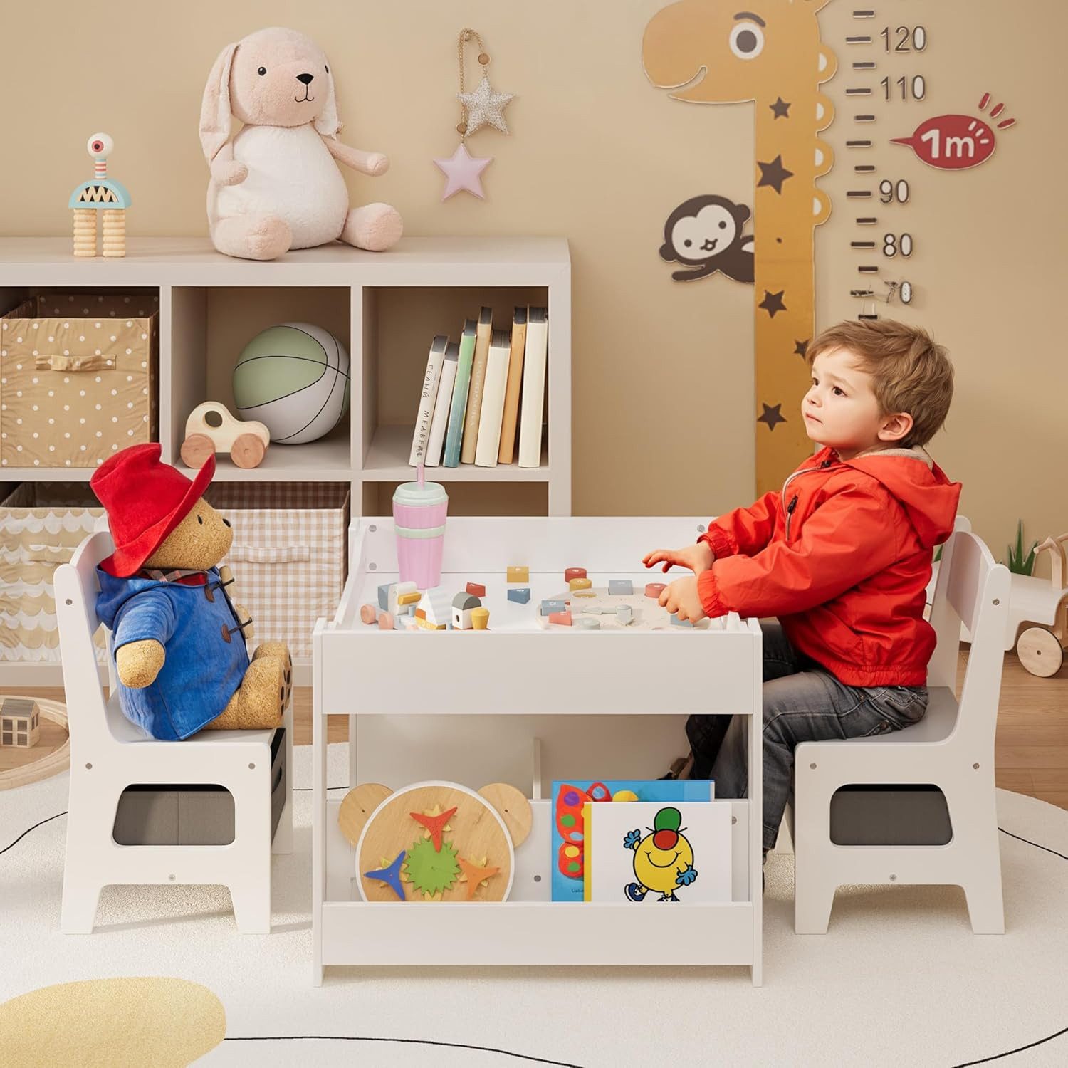 Blishom Kindersitzgruppe Kindertisch-Set 4-in-1 mit Stauraum Holzwerkstoff 61,5x61,5x48 cm, (3-tlg., Kindertisch mit 2 Stühlen), umklappbare tischplatte, Tische – Bild 3 von 5