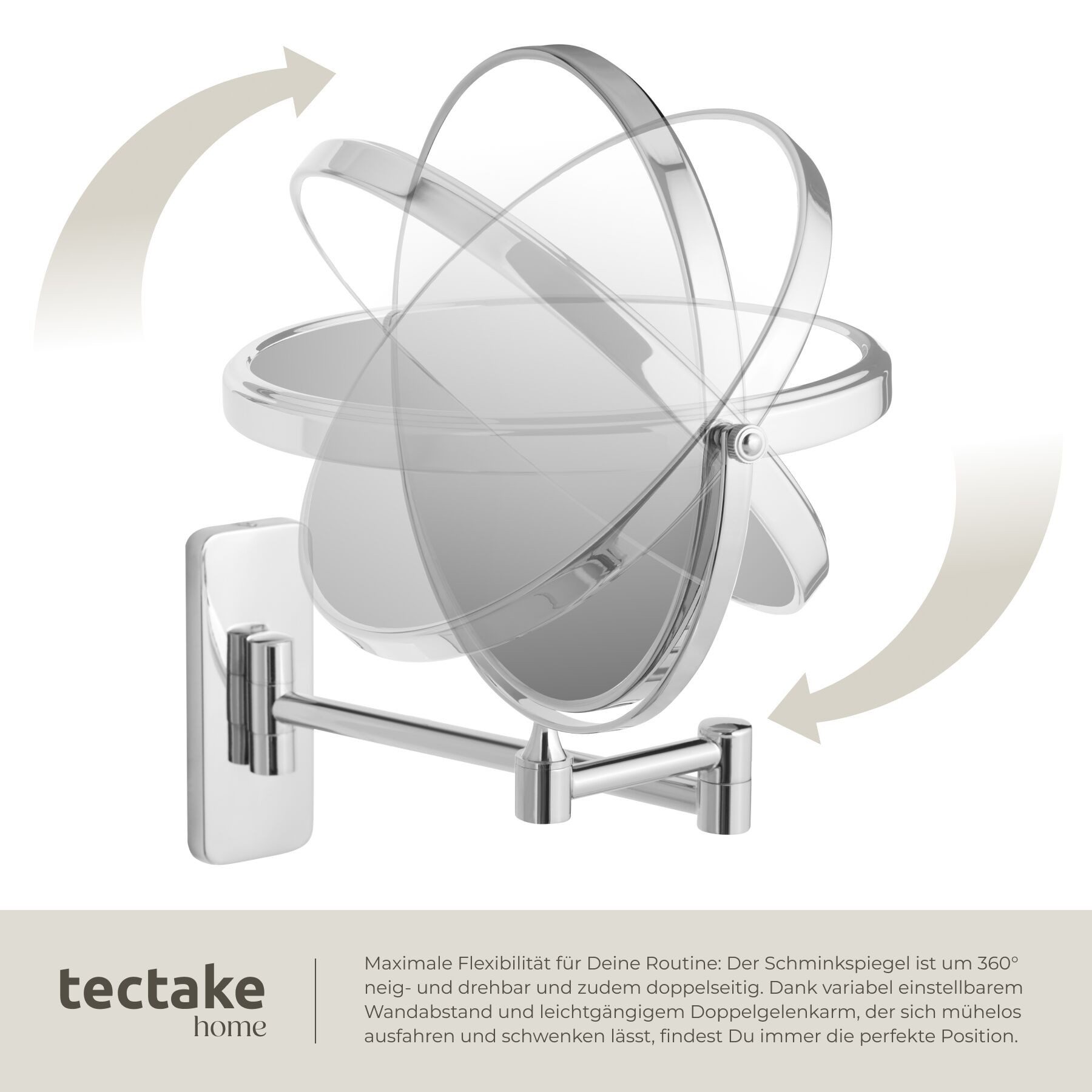 tectake Kosmetikspiegel Rasierspiegel, doppelseitig, Ø 20 cm, 360° neig- und drehbar (Schminkspiegel, in silber), 5-fach Vergrößerung, ausziehbar, verchromter E – Bild 5 von 5