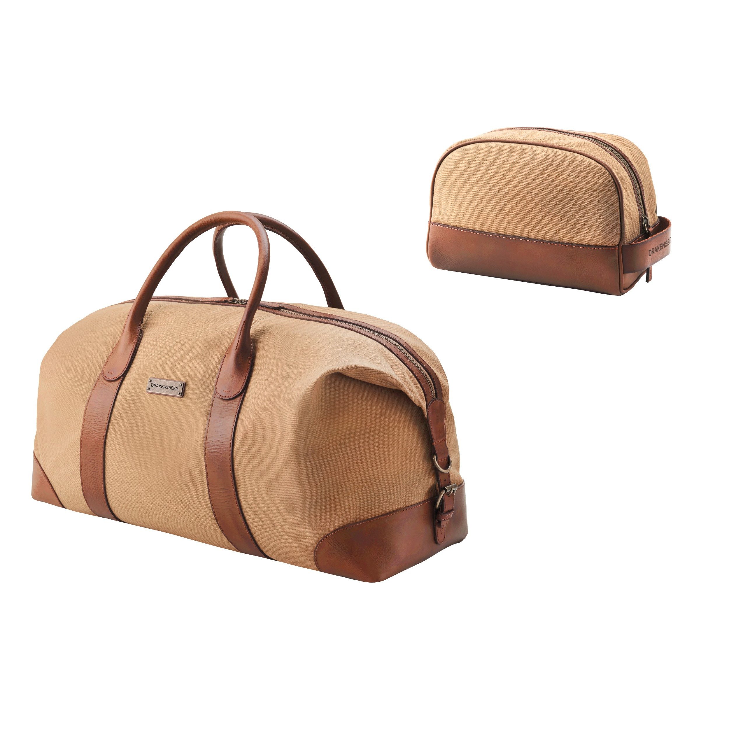 DRAKENSBERG Reisetasche Weekender »David« (60) & Kulturbeutel »Glen« Khaki-Beige, aus Canvas und Büffelleder, Bundle, für Damen, Herren, wasserabweisend