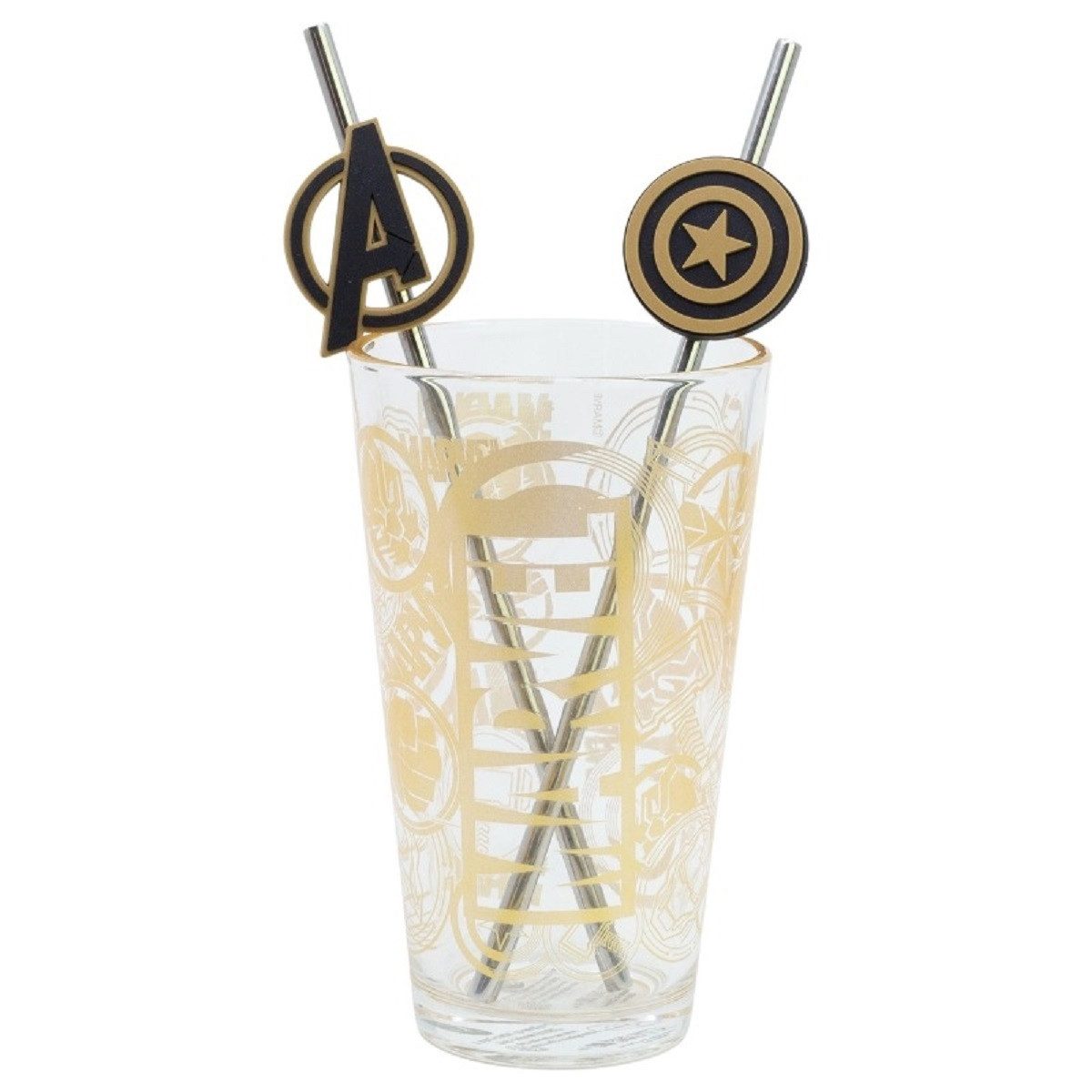The AVENGERS Glas Glas 480 ml mit 2 Edelstahl Trinkhalmen, 3-tlg., Glas