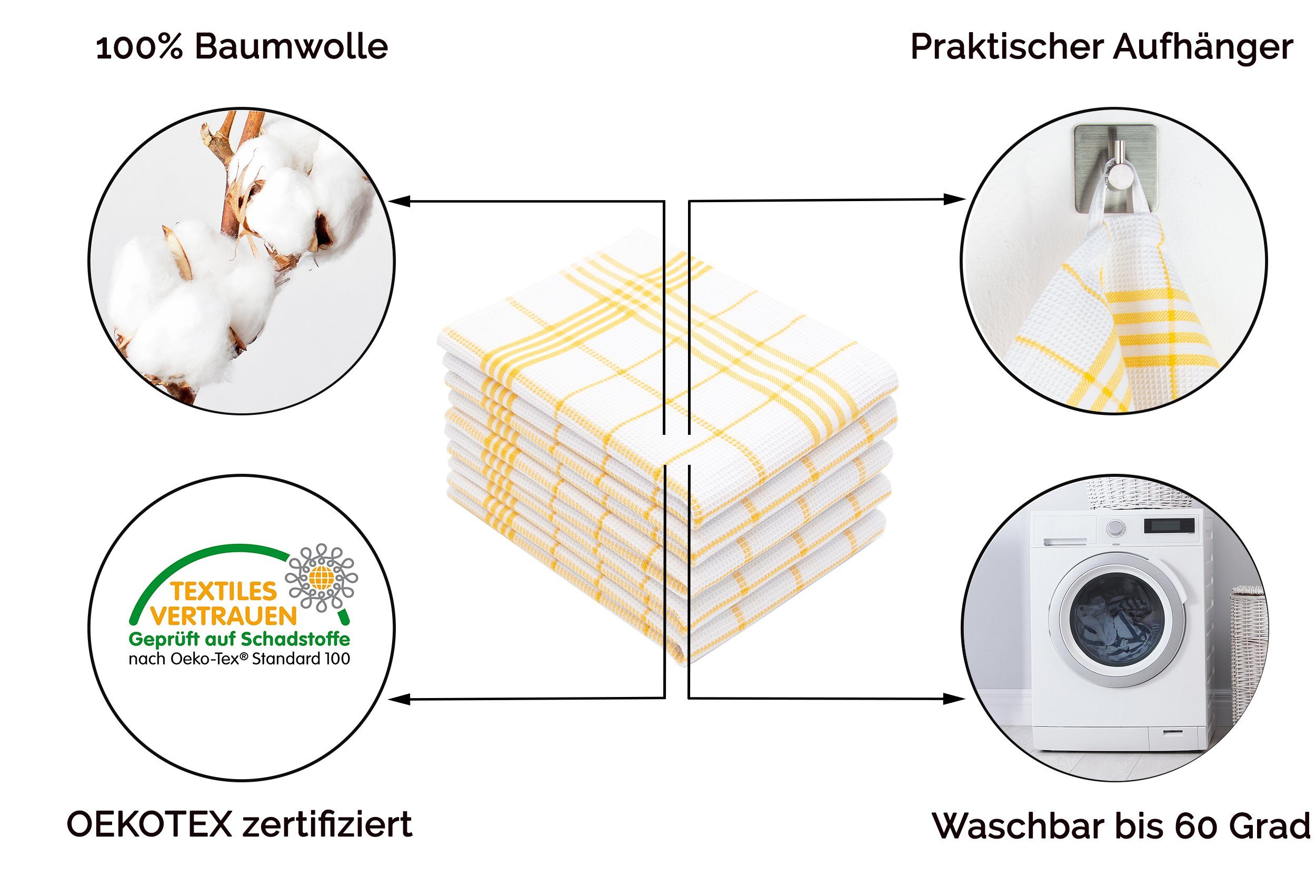 100% weich, saugstark, von ZOLLNER (Spar-Set, 70 50 Waffelpique, Baumwolle, gelb-weiß Geschirrtuch, Hotelwäschespezialisten 5-tlg), Waffelpique-Muster, x cm,