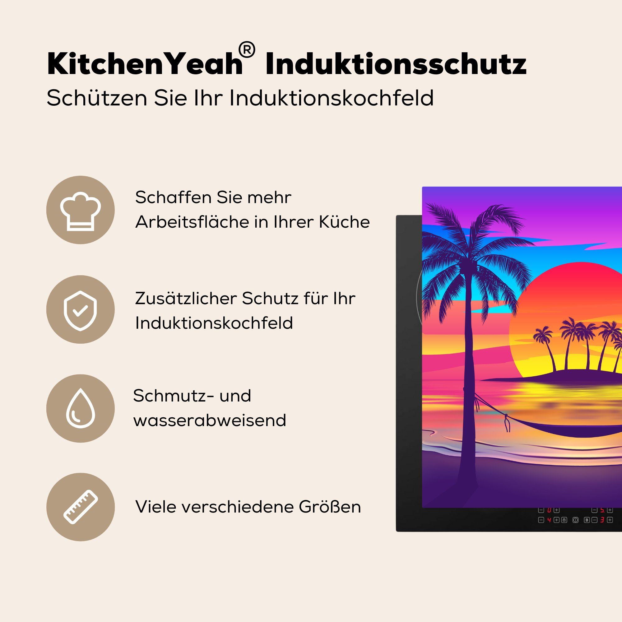 Illustration buntem MuchoWow Arbeitsplatte mit tropischen für Ceranfeldabdeckung, 78x78 Sonnenuntergang, küche eines Strandes Herdblende-/Abdeckplatte cm, Vinyl, tlg), (1