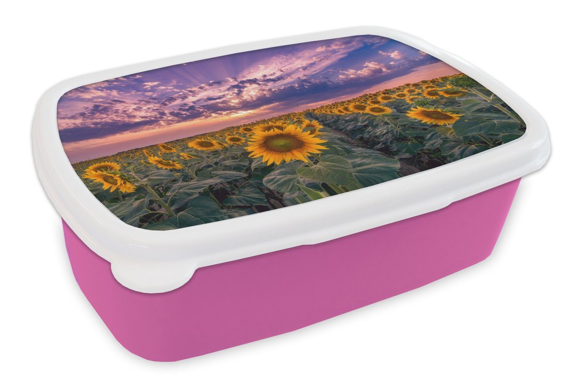 MuchoWow Lunchbox Blumen - Himmel - Lila - Sonnenuntergang, Kunststoff, (2-tlg), Brotbox für Erwachsene, Brotdose Kinder, Snackbox, Mädchen, Kunststoff rosa