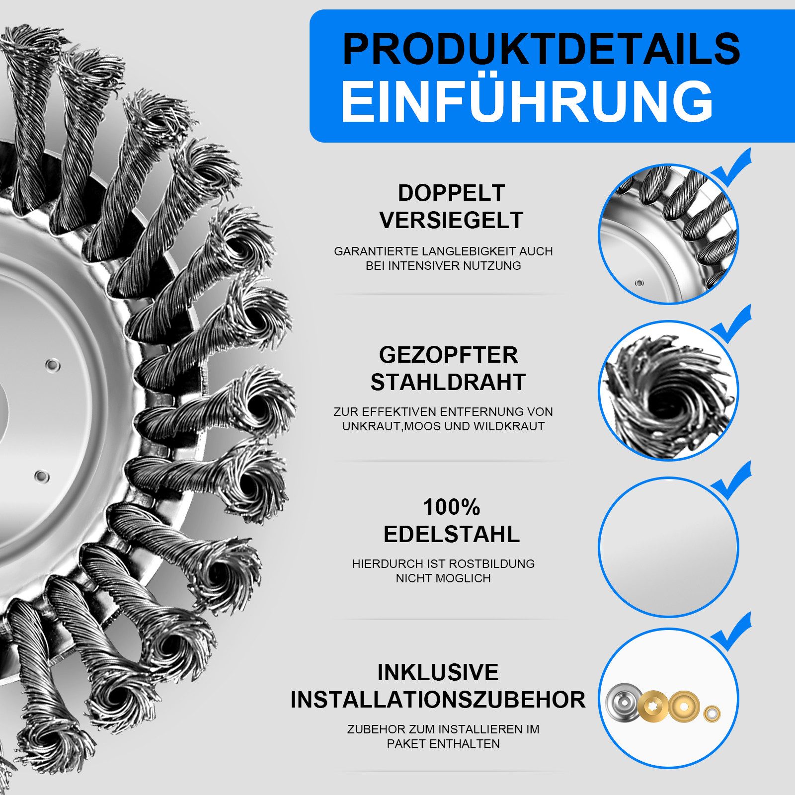 CONENTOOL Rasenmähermesser Unkrautbürste, für Benzin-Freischneider (1er Set, 1pcs), Rundbürste, Durchmesser Stahlbürste 150mm