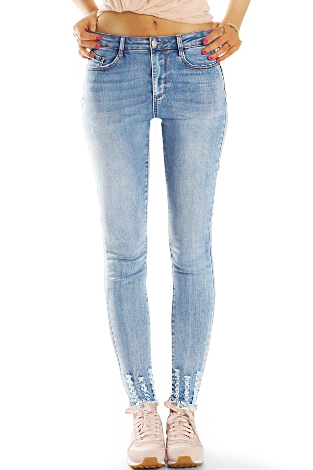 be styled Skinny-fit-Jeans Medium Waist Röhrenjeans Skinny Fit Stretch Hose  - Damen - j9m-1 ausgefranster Saum, Mit Stretch-Anteil, 5-Pocket-Style