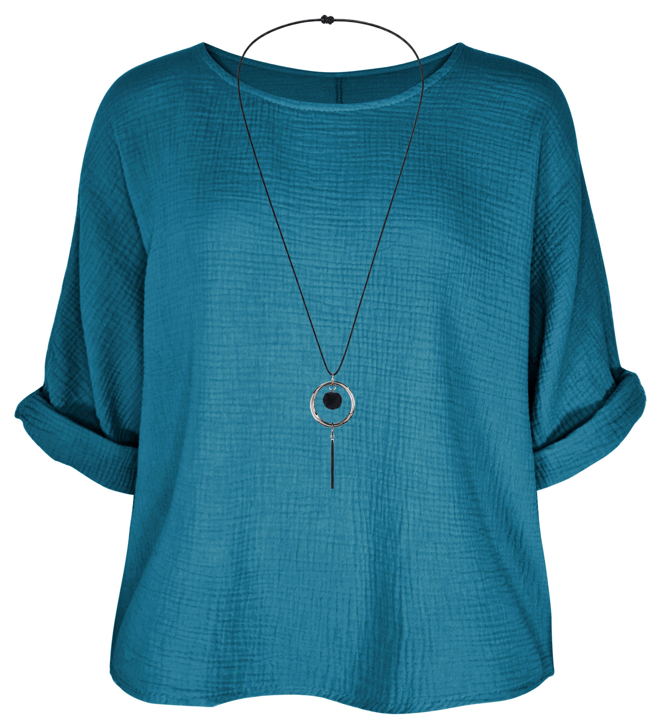 dy_mode Crinklebluse Damen Musselin Bluse Oversize Bluse Blusenshirt Oberteil Baumwolle in Unifarbe, mit passende Kette