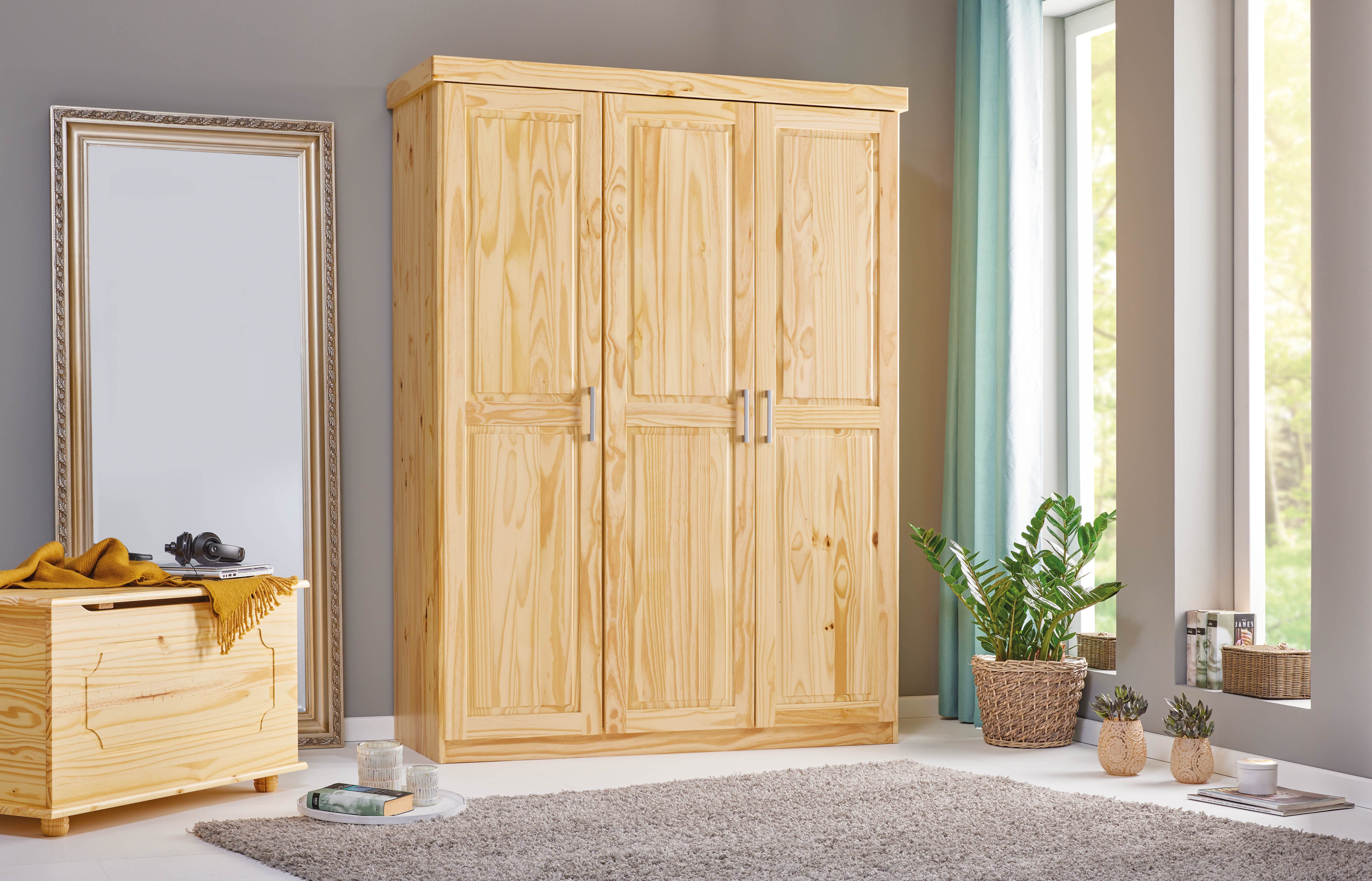 Inter Link Kleiderschrank Pelle Massivholz Schrank Landhausstil, 5 Fächer, Kleiderstange, lackiert