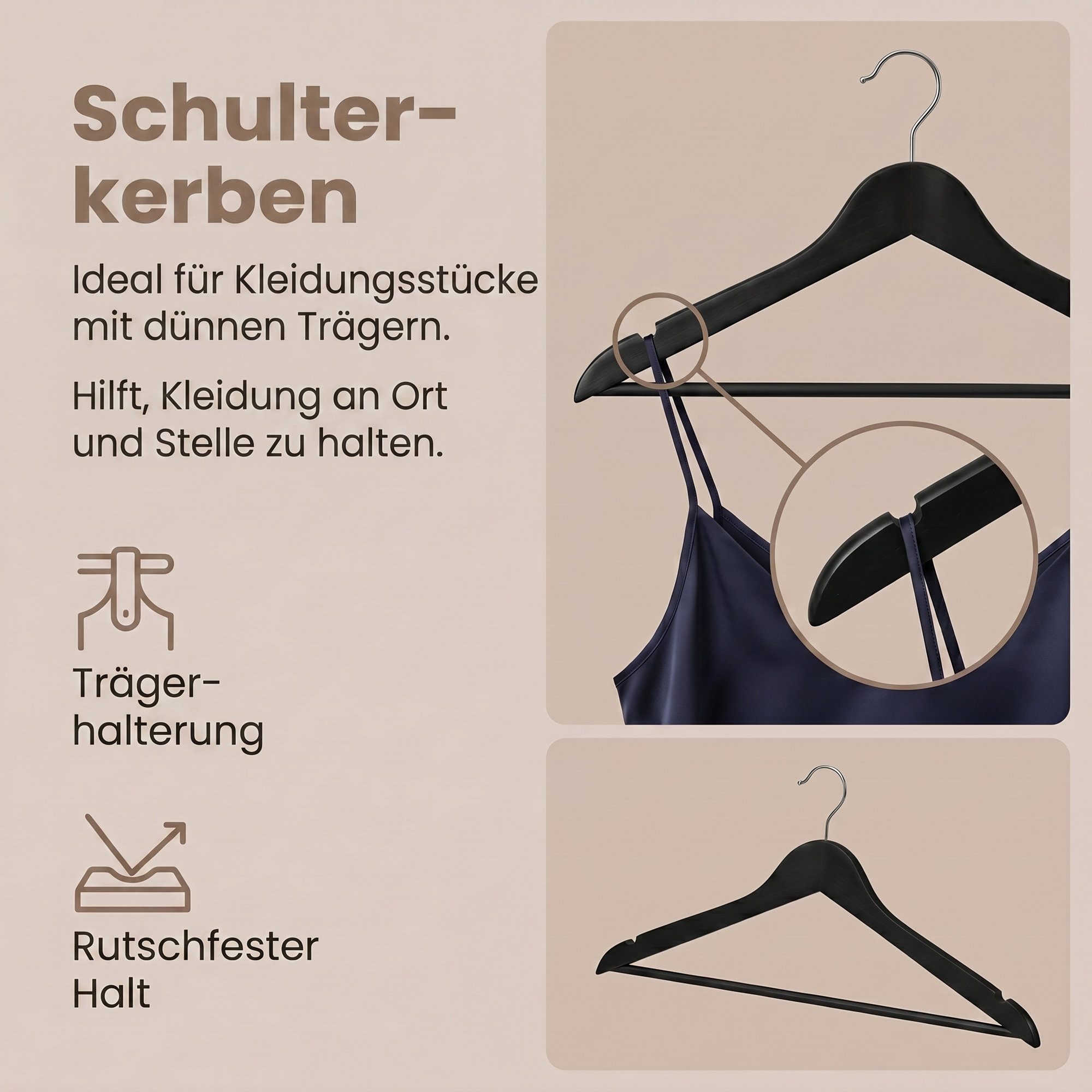 SONGMICS Kleiderbügel Holzbügel, Hosenbügel, 360° drehbarer Haken, für Träger und Jacken, (30-tlg), schlank Bügel, 0,8 cm dünn, platzsparend, Birkenholz, Schwar – Bild 5 von 5
