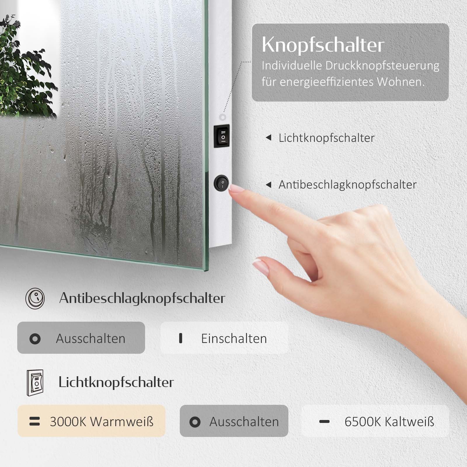 EMKE Badspiegel Druckknopfschalter 2 Lichtfarben Antibeschlag (Wandschalter), Warmweiß/Kaltweiß Beleuchtung IP44