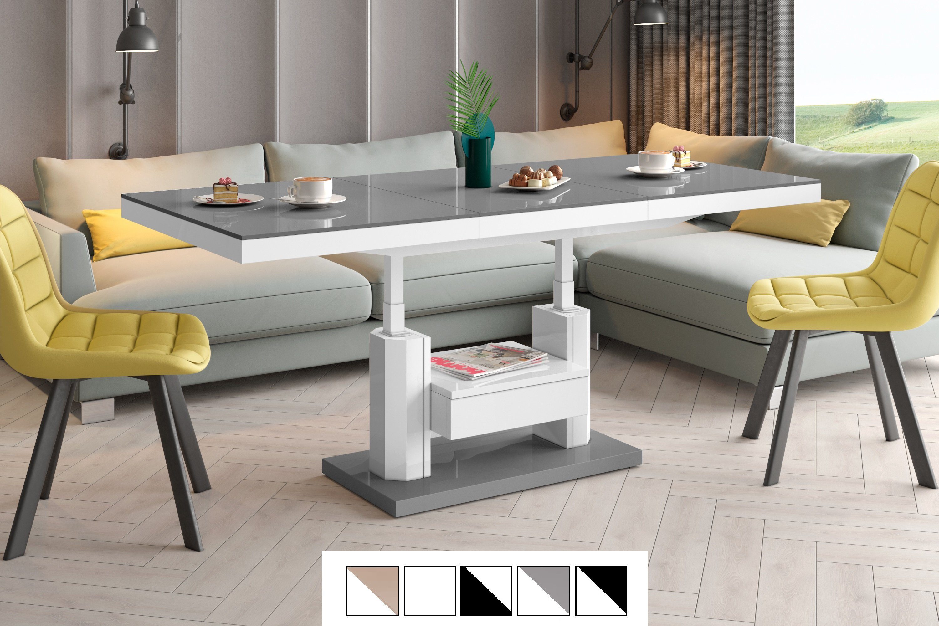 stufenlos Couchtisch ausziehbar höhenverstellbar HM-120 Esstisch Beton Weiß Design / designimpex Hochglanz Hochglanz