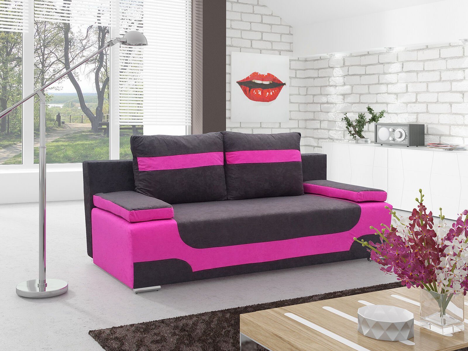 JVmoebel Sofa, Multifunktion Büro Couch Schlafsofa Textil Big Sofa Couchen 3Sitzer Schwarz / Rosa