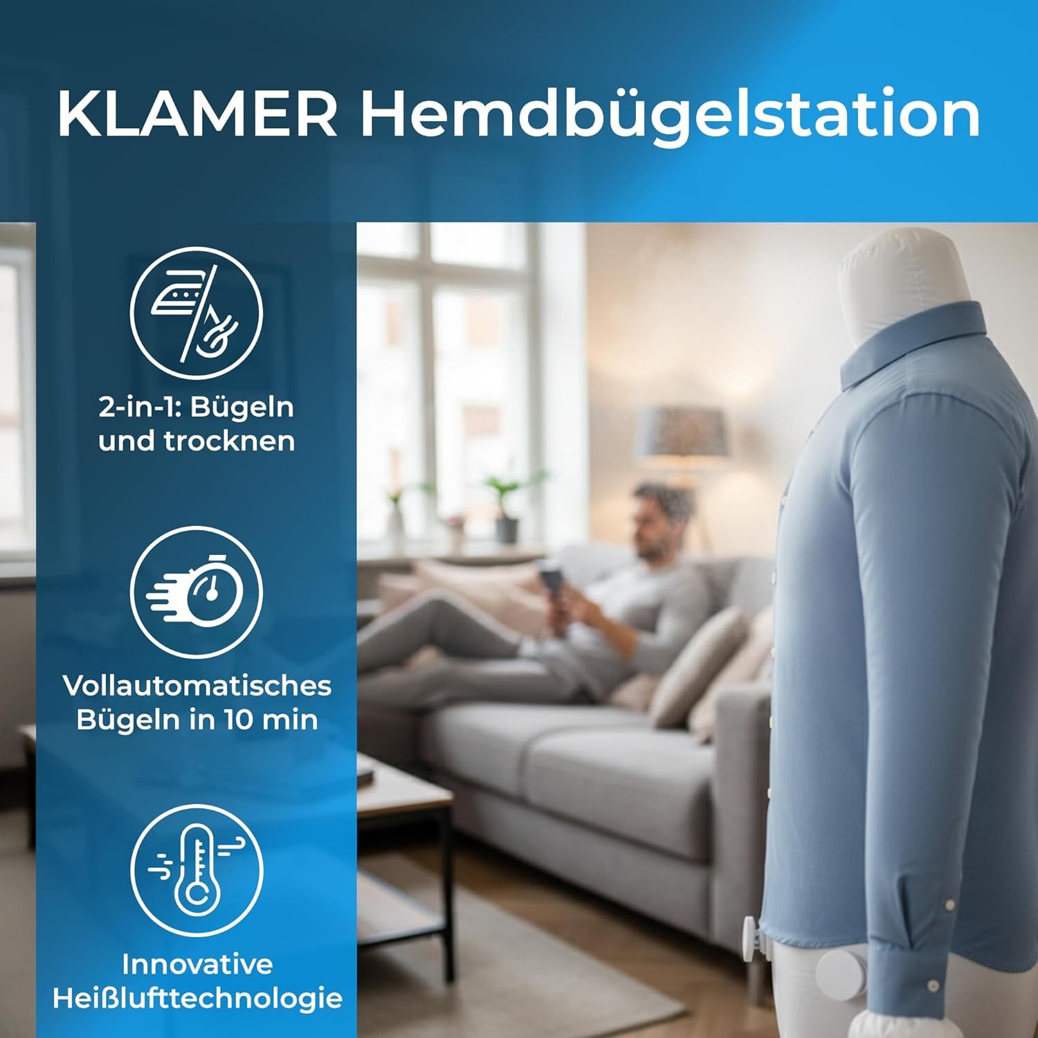 KLAMER Bügelsystem Hemdenbügler Pro 1400W Bügelpuppe mit Aufsätzen für Hemden, Hosen & S…, 1400 W, Präzise Temperatursteuerung, Intelligente Luft- und Heiztechnologie