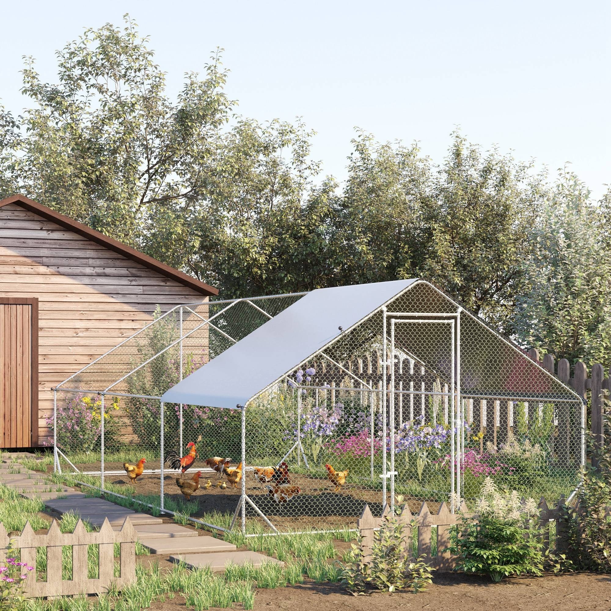 PawHut Hühnerstall 3x6x2 m Freilaufgehege mit Dach, Tür und Schloss, Verzinkter Stahl, für Garten, Silber