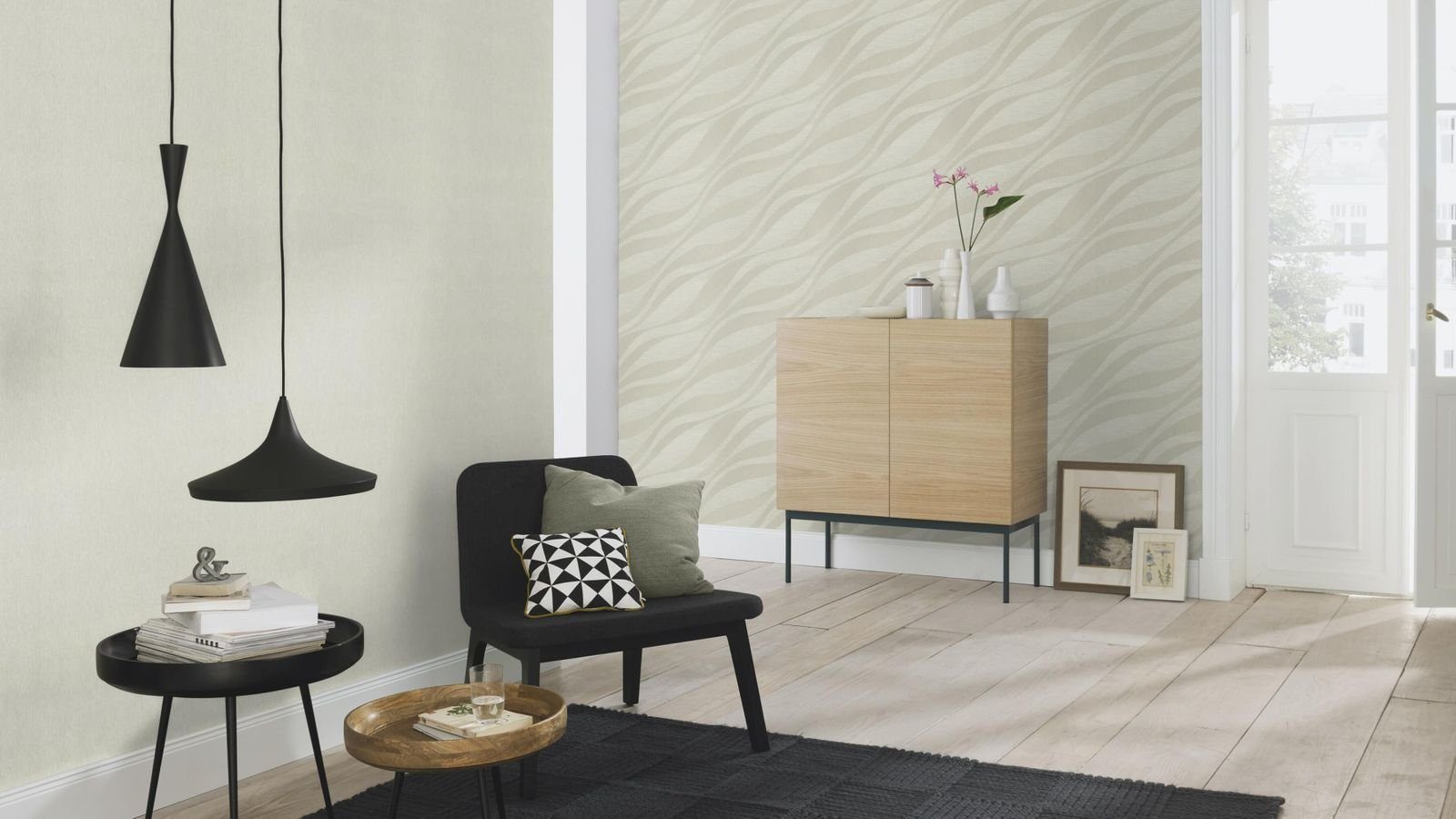 Vliestapete Struktur Muster Wellen Creme Silber Metallic 608021 Sky Lounge