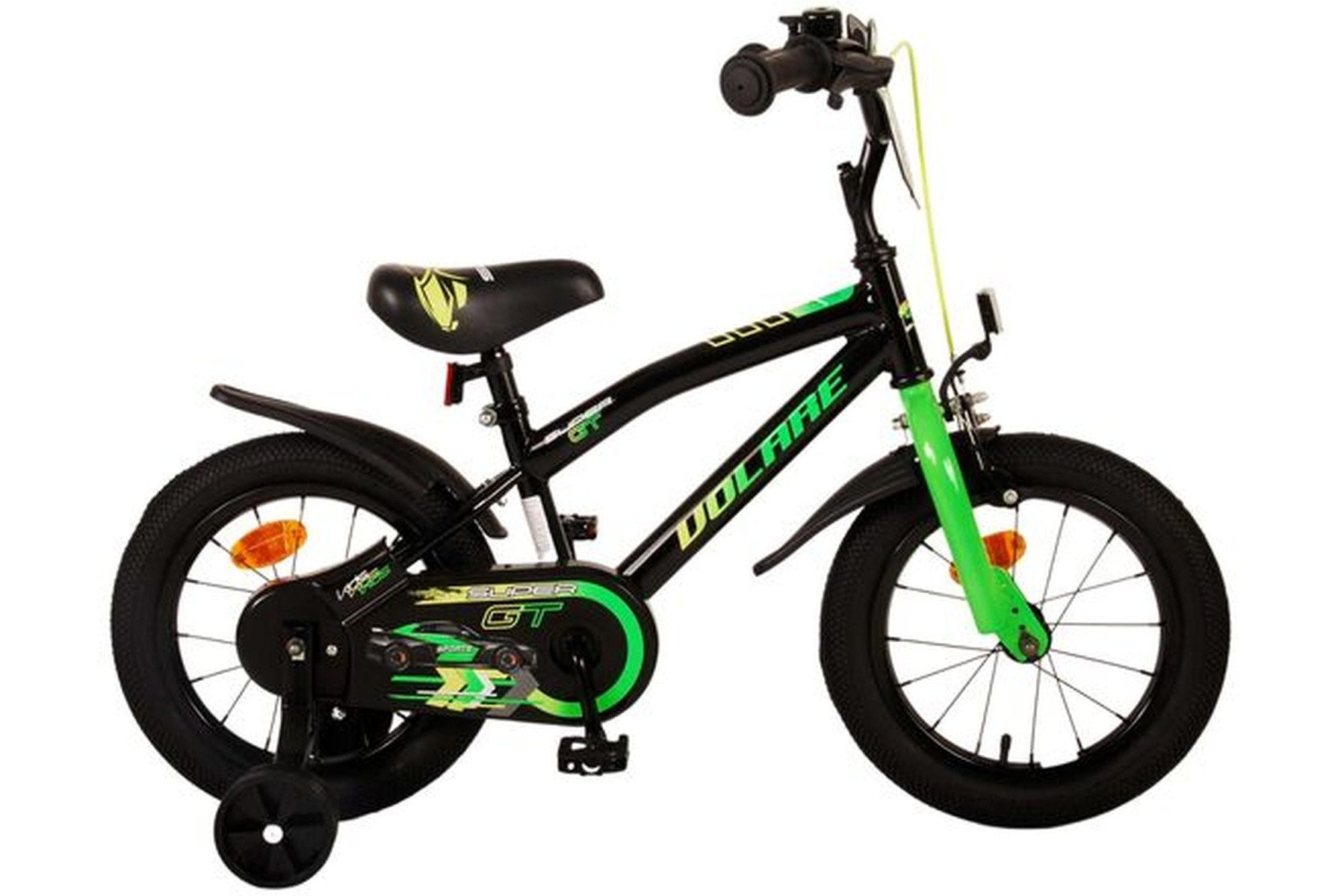 Volare Kinderfahrrad Super GT Jungen 14 Zoll Grün mit zwei Handbremsen, Stützräder, geschlossener Kettenschutz, Reflektoren, Klingel