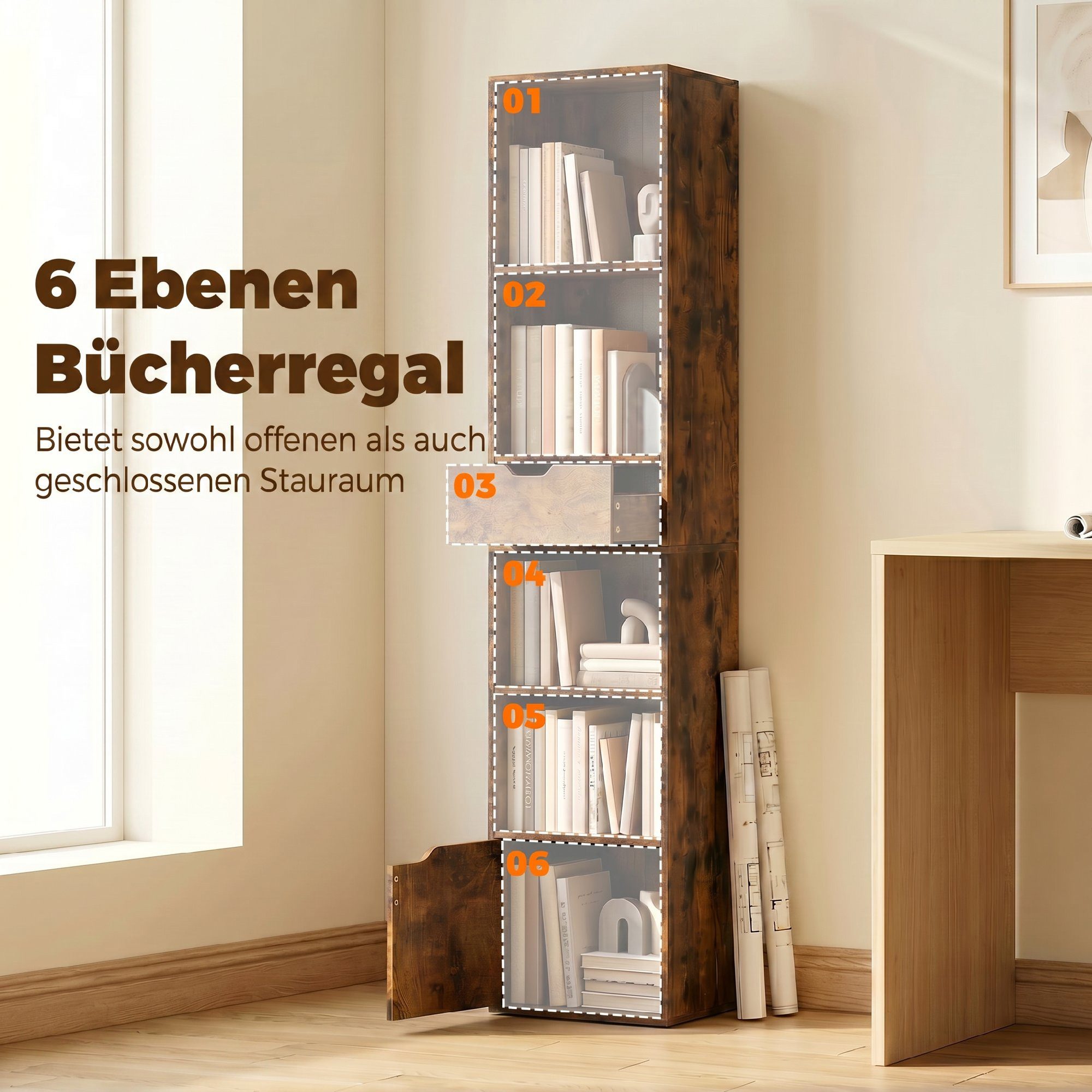 HOMCOM Bücherregal Schmaler Aufbewahrungsregal, Standregale 1-tlg., für Wohnzimmer, Büro, Rustikal-Braun – Bild 4 von 5
