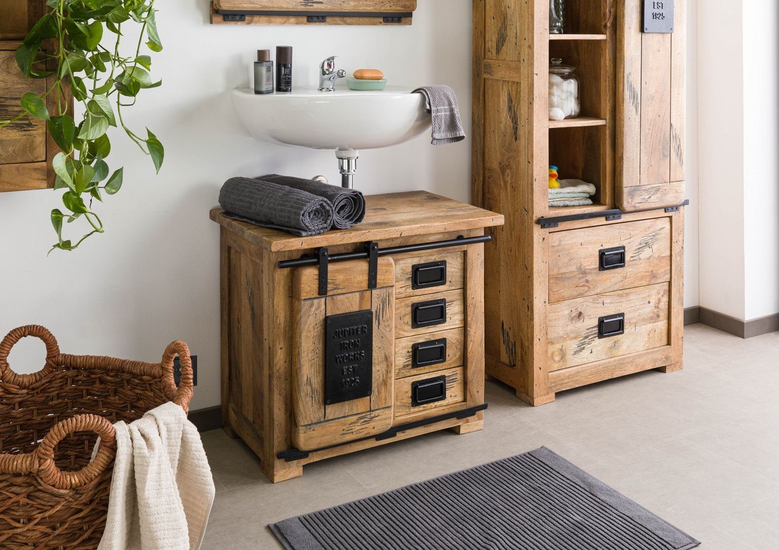 Massivmoebel24 Waschbeckenunterschrank (Mango 70x40x60 natur lackiert RAILW günstig online kaufen