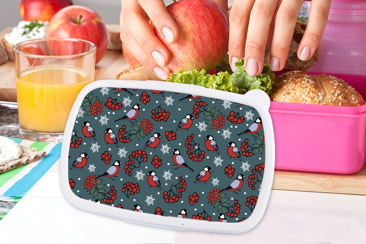 Beere Lunchbox (2-tlg), MuchoWow - Vogel Erwachsene, rosa Weihnachten - Muster, für - Kunststoff Kunststoff, Mädchen, Brotbox Kinder, Snackbox, Brotdose - Schnee
