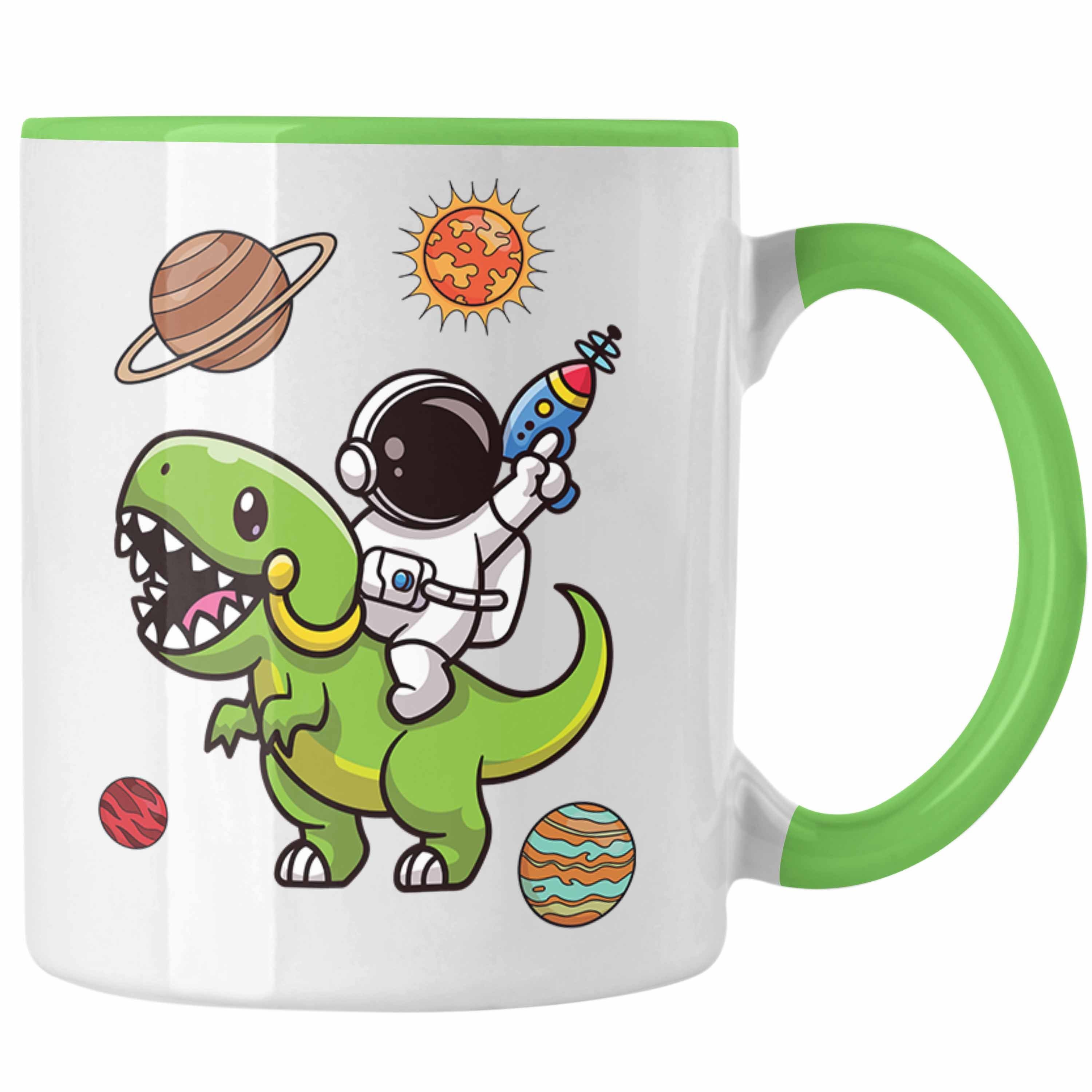 Trendation Tasse Dinosaurier T-Rex Astronaut Weltall Tasse Grafik Geschenk Lustig Grün