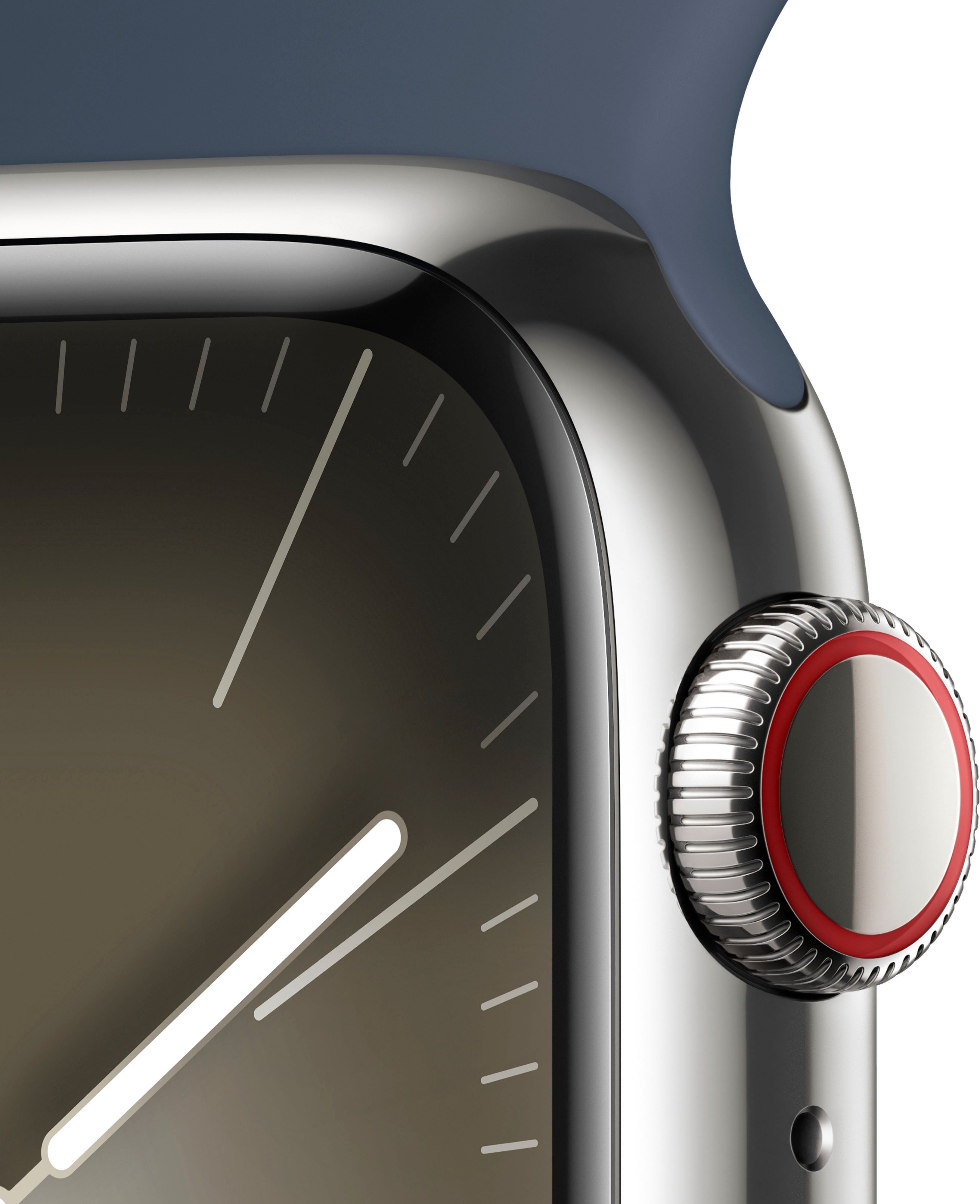 Apple Watch Series 9 Edelstahl + Cellular Band (4,1 10), 41mm Silber Sturmblau | cm/1,61 OS Zoll, GPS Watch Smartwatch Sport