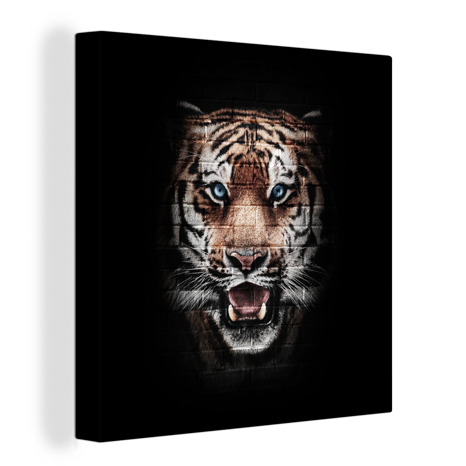 OneMillionCanvasses® Leinwandbild Tiger - Stein - Wand, (1 St), Leinwand Bilder für Wohnzimmer Schlafzimmer