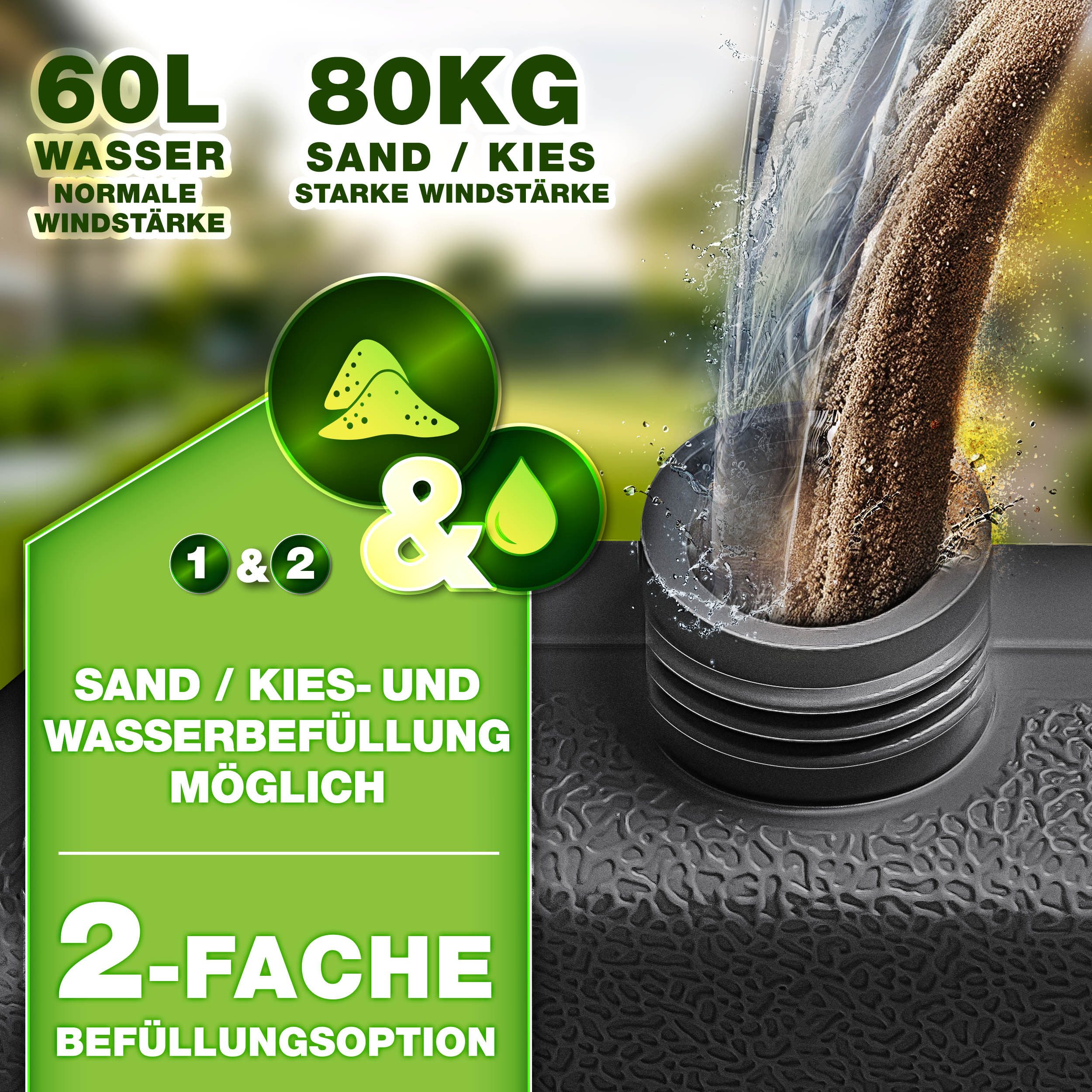 tillvex Sonnenschirm tillvex® Sonnenschirmständer 60L / 80kg Schirmständer Schirmgewicht, Schirmständer Ampelschirmständer wetterfest, inkl. Metallverbinder Schirmgewicht befüllbar, Sonnenschirmständer 60 Liter / 80 kg – 4-teilig für Ampelschirm