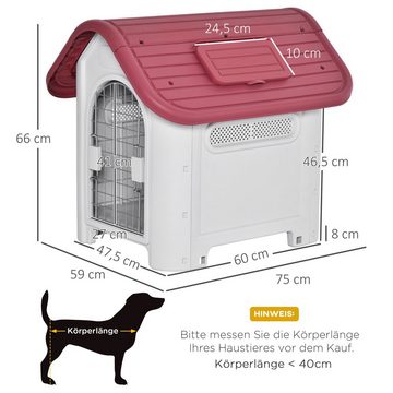PawHut Hundehütte Hundehaus mit Dachluke, für kleine Hunde, aus Metall, Kunststoff, für Garten, Balkon, Rot+Hellgrau