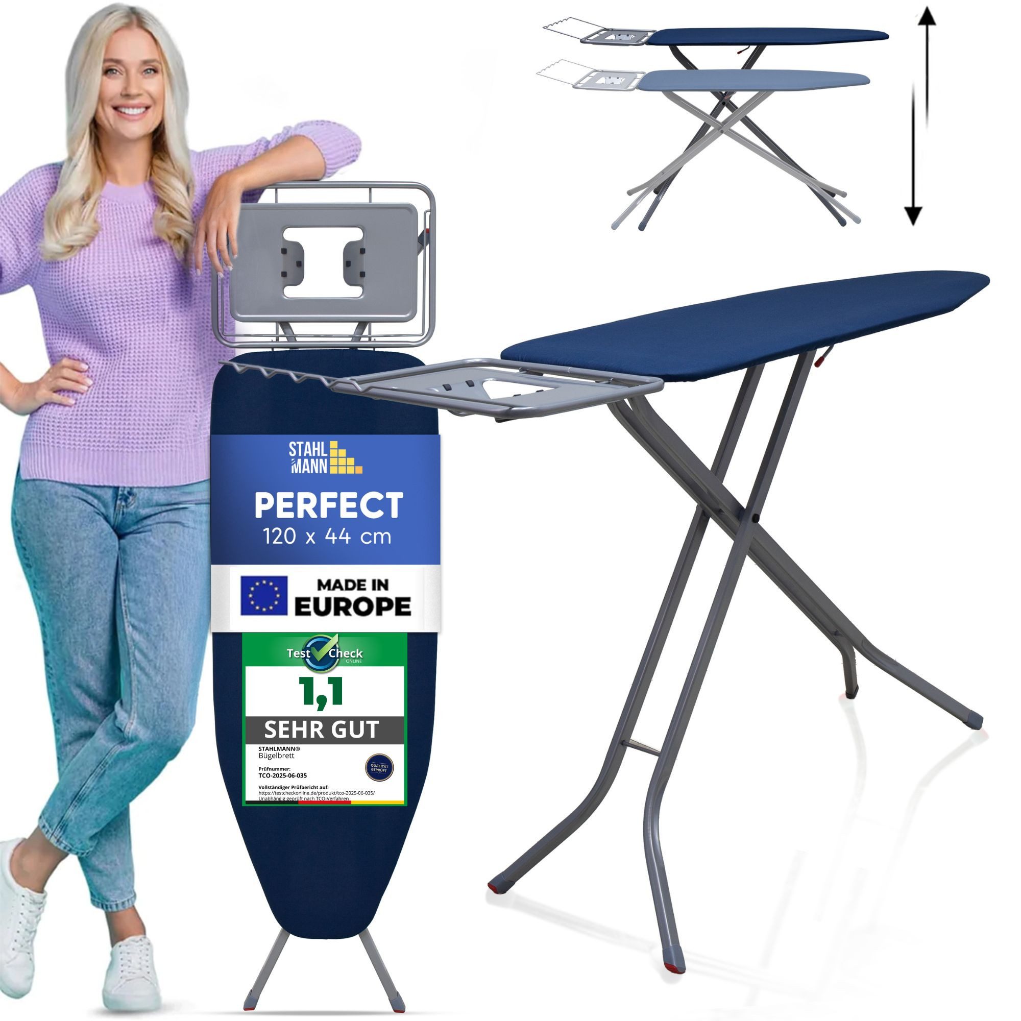 STAHLMANN COMMERCE GmbH Bügelbrett großes Bügelbrett [120x44 Bügelfläche] mit Kleidungsplatte, Bügelfläche 44x120 cm, robuster Bügeltisch – extra stabiles Bügelbrett