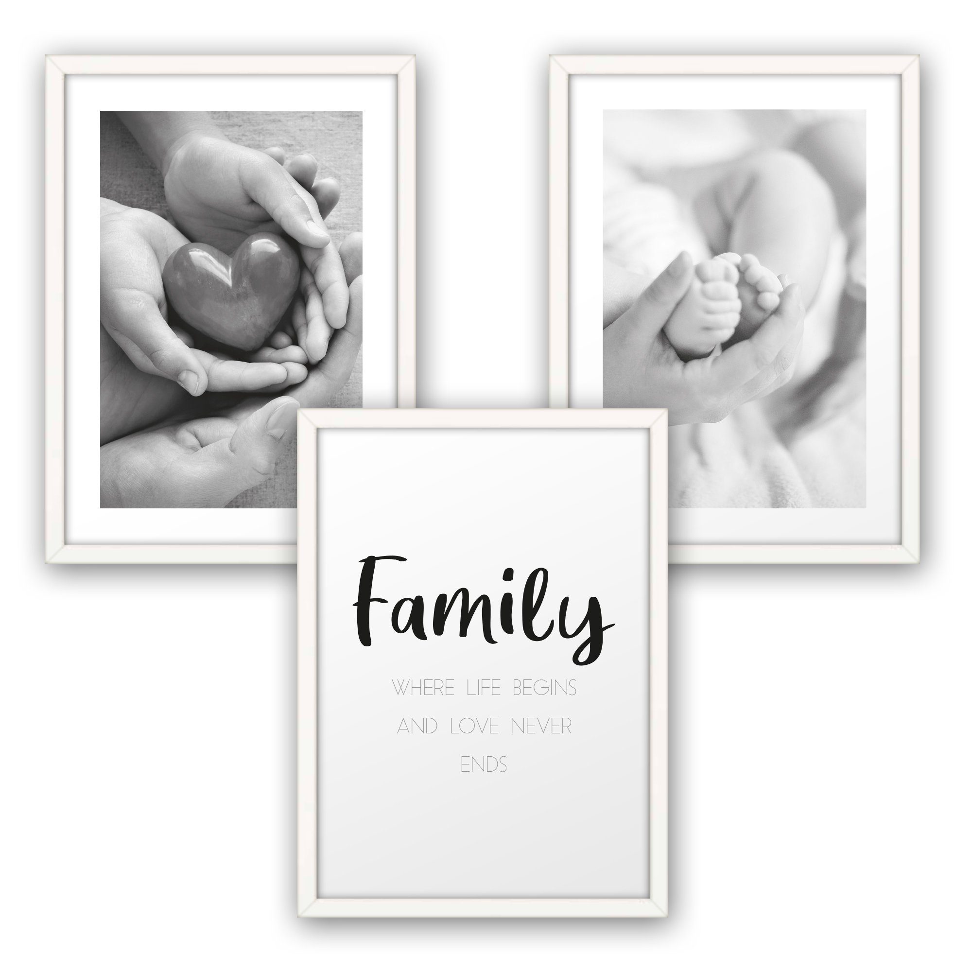 Poster, Familie, Herz, Liebe, Eltern, Baby, Kind, Geburt, Spruch, Schwarz-Weiß, Fotografie (Set, 3 St), 3-teiliges Poster-Set, Kunstdruck, Wandbild, optional mit Rahmen, wahlw. in DIN A4 / A3, 3-WP101