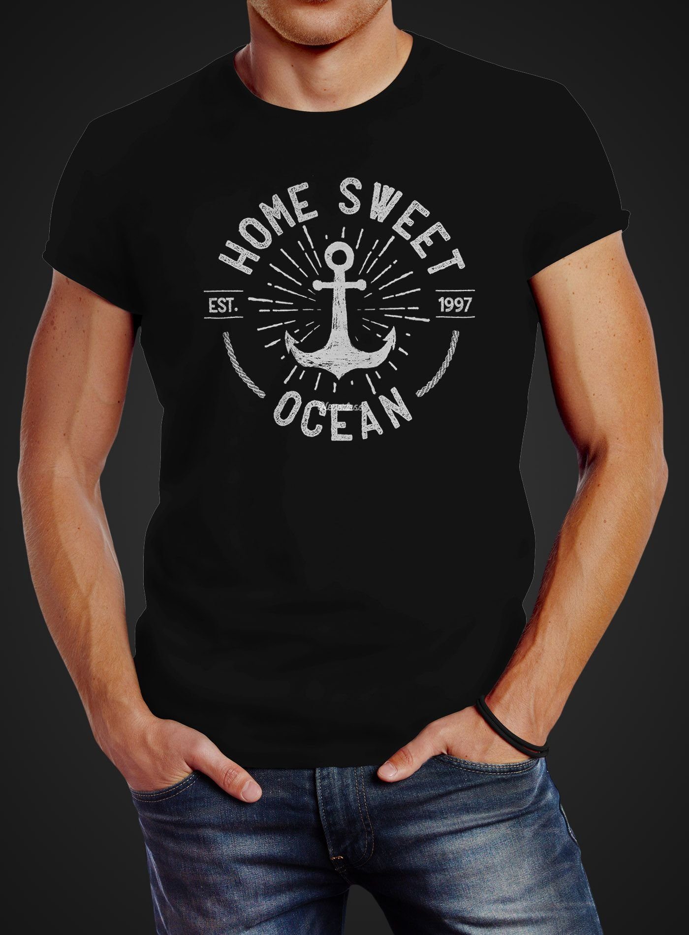 Sweet Home Logo Fashion Print-Shirt Streetstyle mit Herren Neverless® T-Shirt maritim Anker Print Schriftzug Neverless Ocean