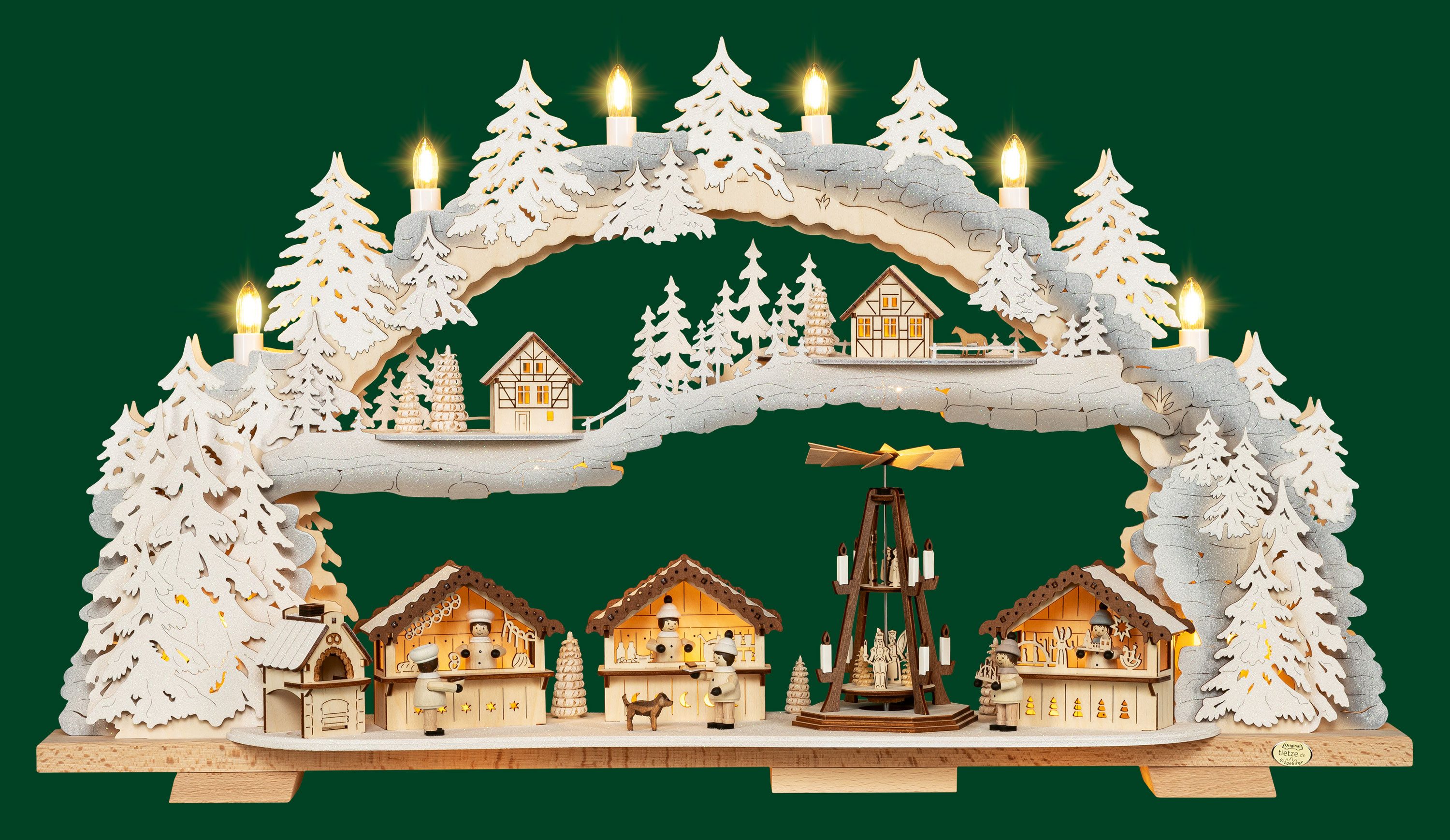 Tietze Erzgebirgsdesign LED Schwibbogen variabel, Weihnachtsmarkt beschneit, 70x39x12,5 cm (BxHxT)