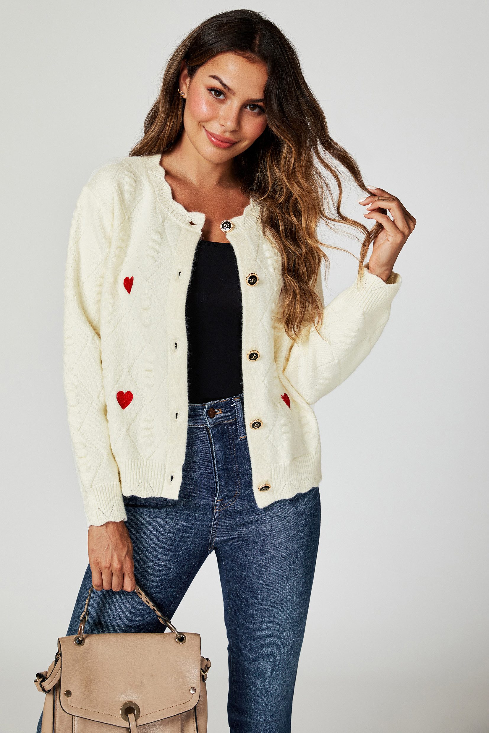 FS Collection Strickjacke Damen Cardigan Strickjacke mit Stickerei – Sterne oder Herzen (Einheitsgröße (UK 8–16 / EU 36–44) 56 % Viskose, 26 % Polyester und 18 % Wolle