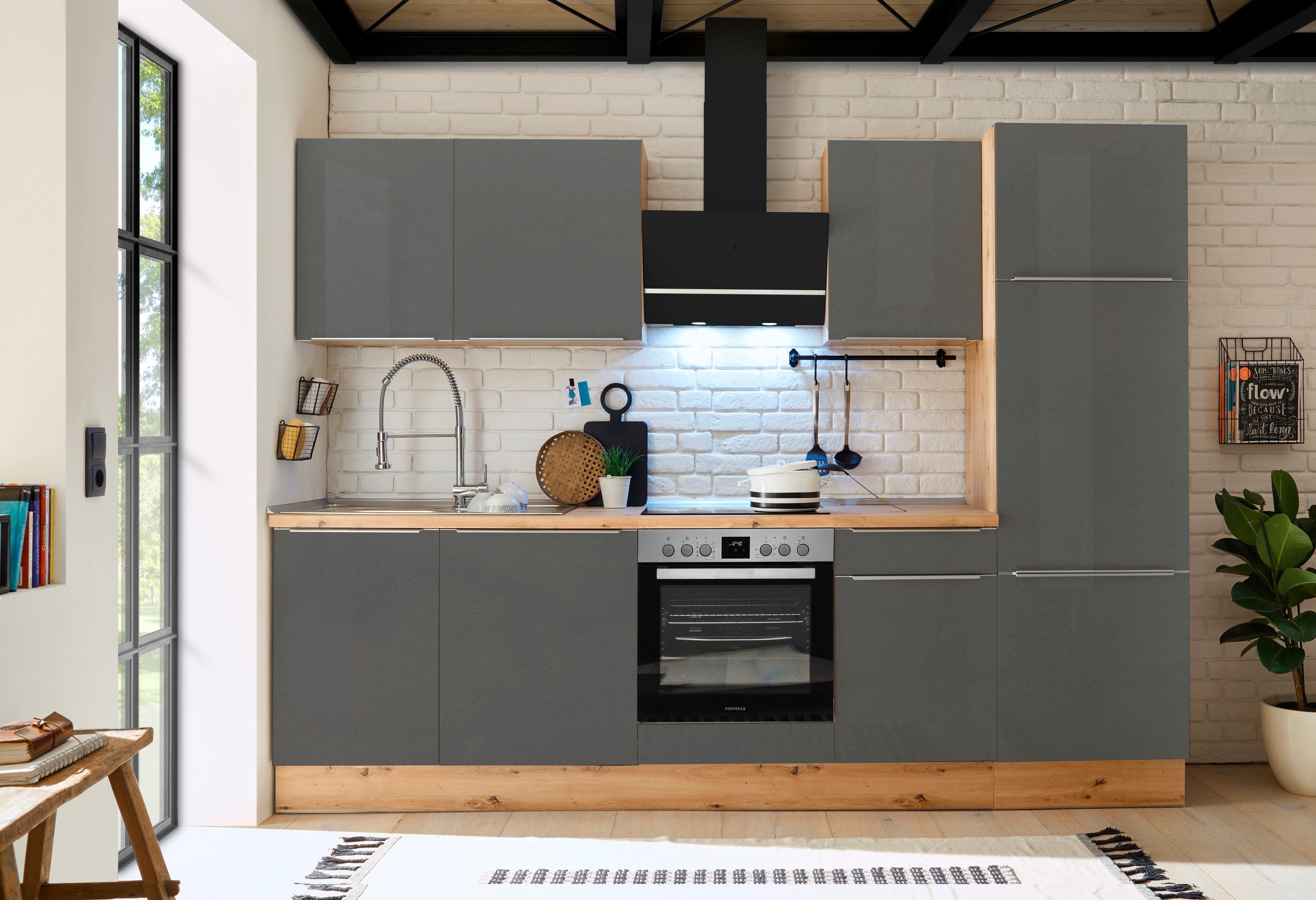 RESPEKTA Küchenzeile Safado aus der Serie Marleen, hochwertige Ausstattung wie Soft Close Funktion, Breite 280 cm grau/artisaneiche | artisaneiche