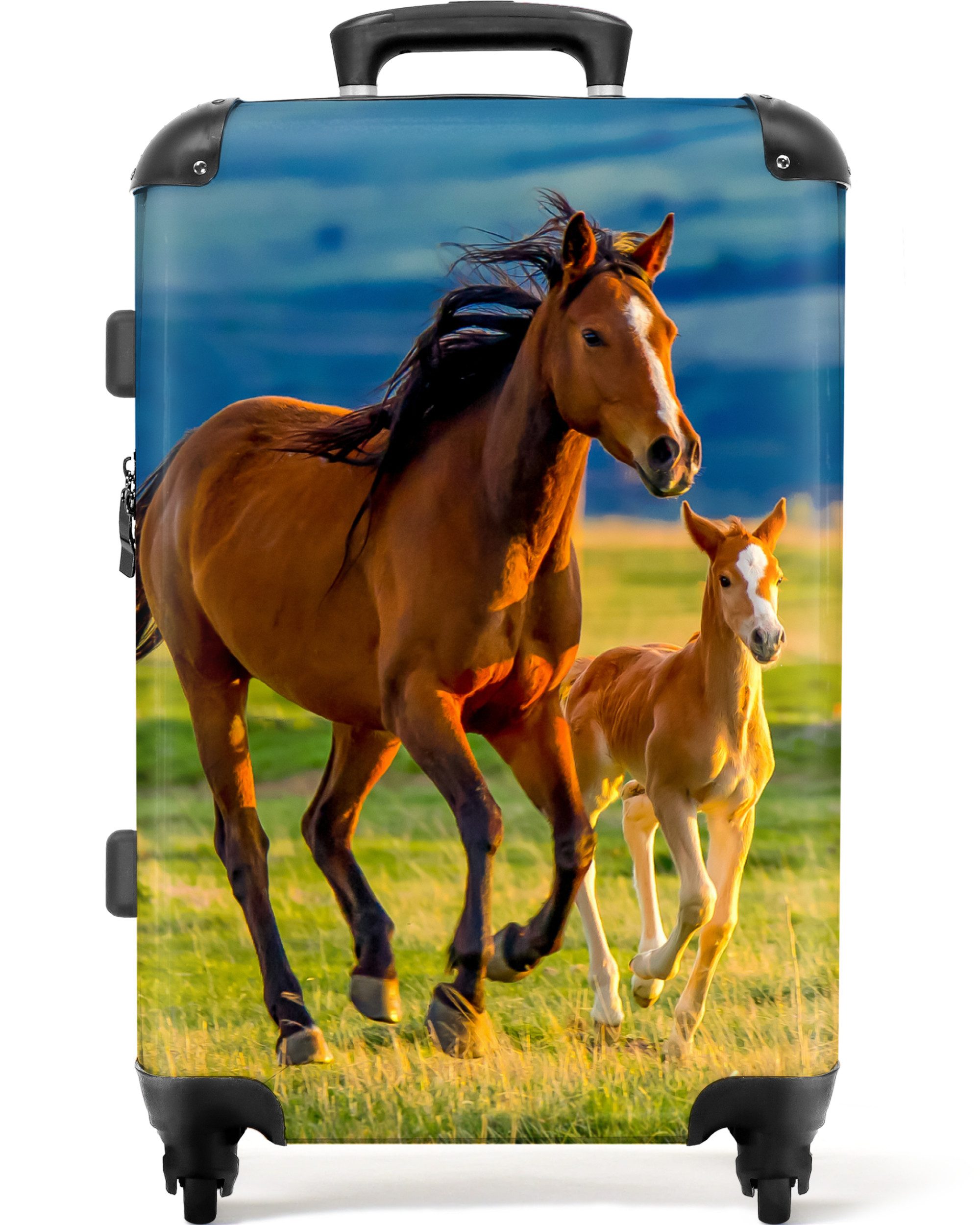NoBoringSuitcases.com© Hartschalen-Trolley Pferde - Tiere - Landschaft - Sonne - Kinder 67 cm - 72 L, 4 Rollen, Mittelgroßer Reisetasche mit Rollen für 20kg, Kinderkoffer