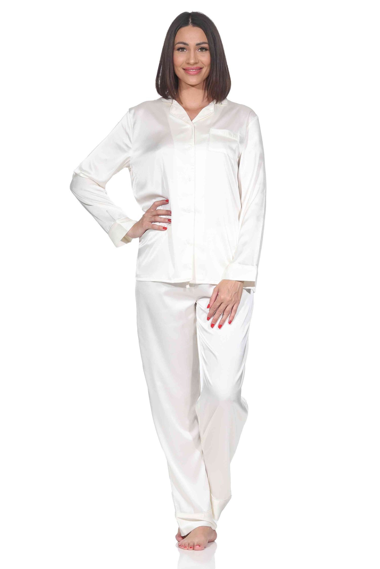 Normann Pyjama Normann Satin Damen Schlafanzug langarm Pyjama mit Knopfleiste