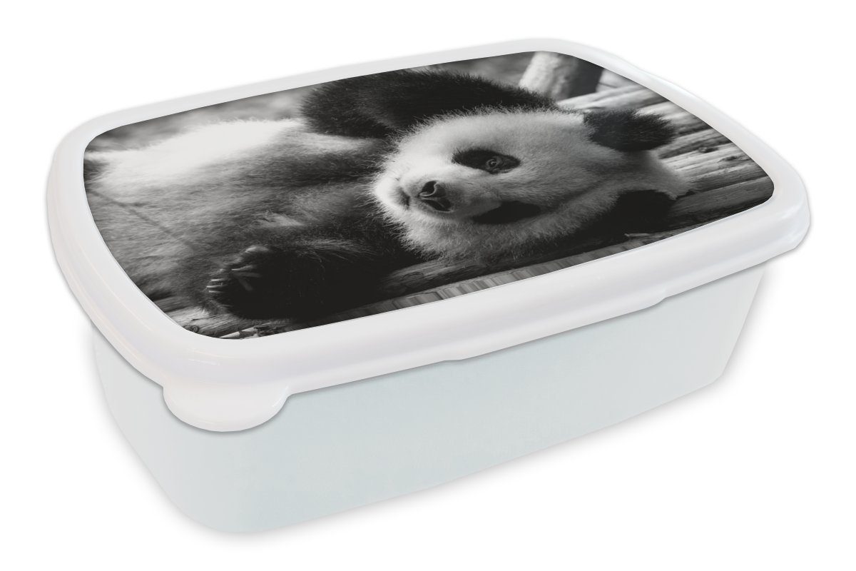 MuchoWow Lunchbox Tierprofil rollenden Panda in schwarz und weiß, Kunststoff, (2-tlg), Brotbox für Kinder und Erwachsene, Brotdose, für Jungs und Mädchen