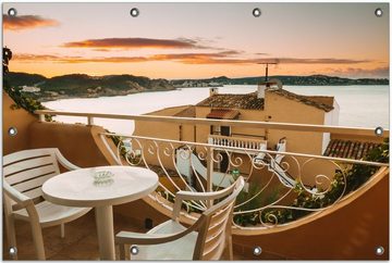 Wallario Sichtschutzzaunmatten Sommer in Spanien - Ausblick von einer schönen Terrasse auf das Meer, rund