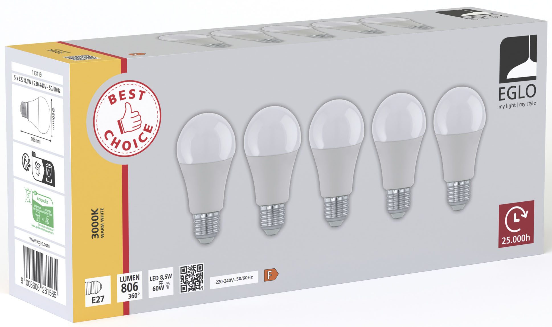 EGLO LED-Leuchtmittel LM_LED_E27 Leuchtmittel - E27 - 5X8,5W - IP20, E27, 1 St., Warmweiß, Glühbirne, 5er Set, L10,8 x Ø6 cm