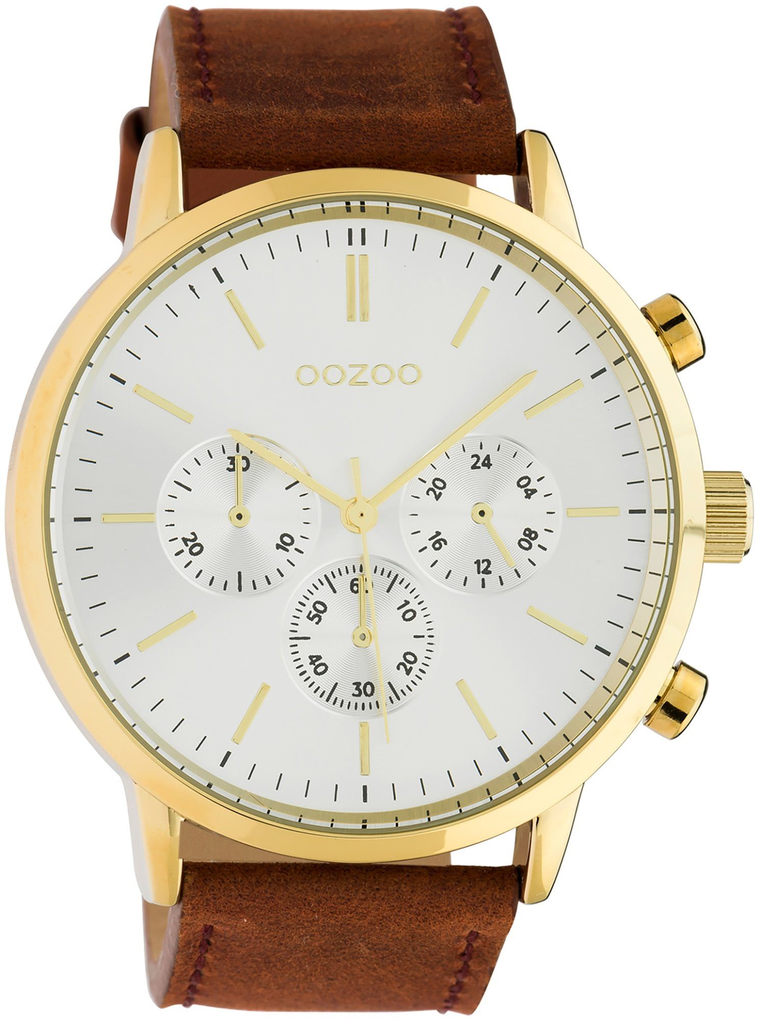 braun Armbanduhr Herrenuhr rund, Lederarmband, und Oozoo (ca. Analog, Quarzuhr goldene Fashion-Style, OOZOO 48mm) groß Zeiger extra Herren Indizes