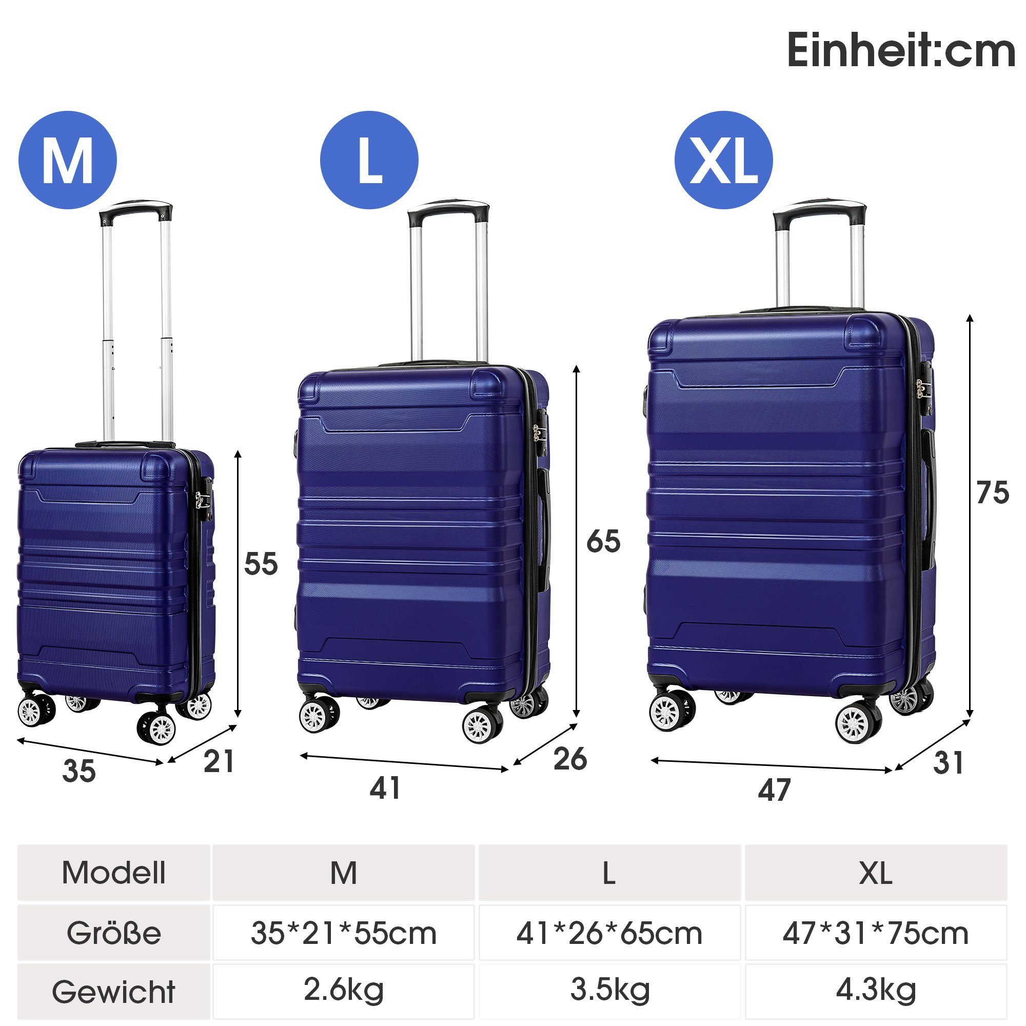 Hartschalen-Trolley, Ulife Rollen, 3 TSA Rollen, Kofferset 3-teiliger (Set), 4 Aufgabegepäck, verstellbarer Griff blau, 360° teilig, Zahlenschloss,